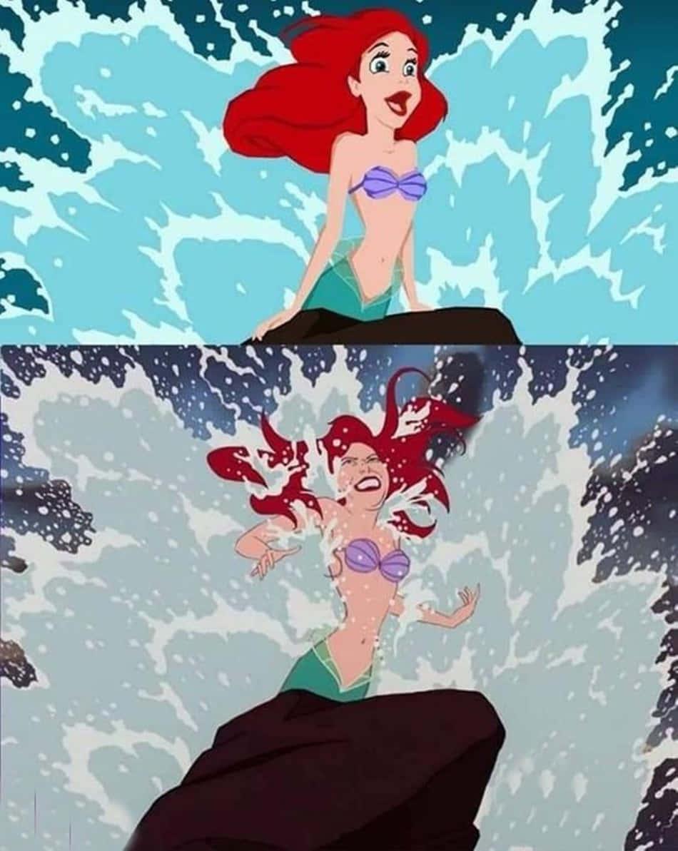 一位美人魚微笑，然後在海浪拍打她周圍的岩石時尖叫。