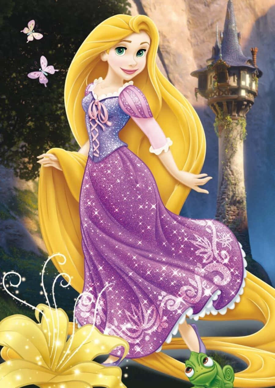 Rapunzel 桌布 壁紙 — 迪士尼公主長髮公主樂佩身穿閃亮紫色禮服，站在她的塔旁，附近有蝴蝶和一隻綠色青蛙。
