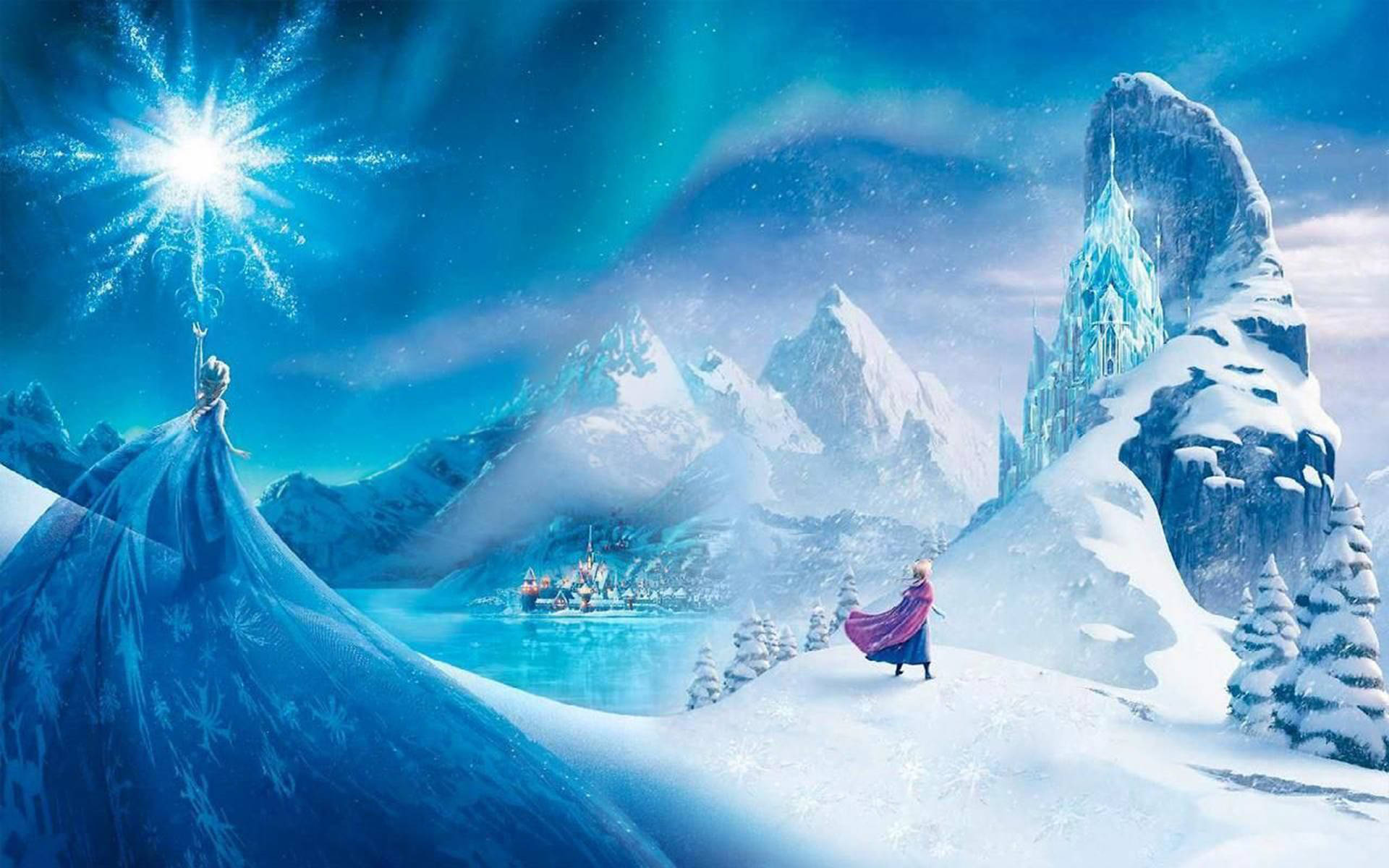 迪士尼冰雪奇緣城堡 壁紙 — 一個神奇的冬季場景，艾莎在星空下創造冰魔法，而安娜站在冰城堡和積雪覆蓋的山脈附近。