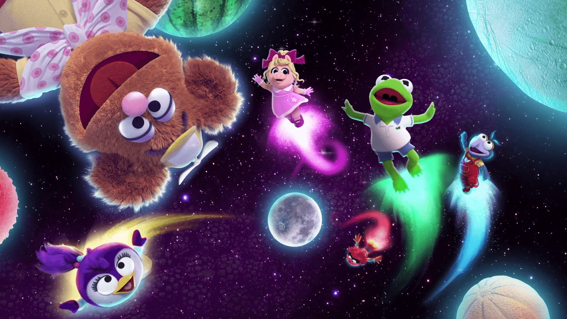 迪士尼小鴨寶寶在星際冒險 壁紙 — 毛茸茸嘅Muppet角色喺充滿活力嘅宇宙場景中翱翔，有發光嘅行星同佈滿星星嘅太空。
