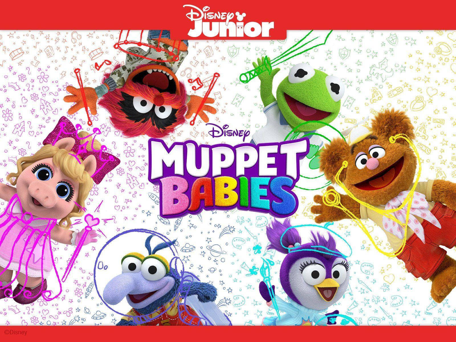 迪士尼小鴨寶寶角色海報 壁紙 — 色彩繽紛的Muppet Babies角色愉快地漂浮在有趣的塗鴉背景上，並帶有節目標題。