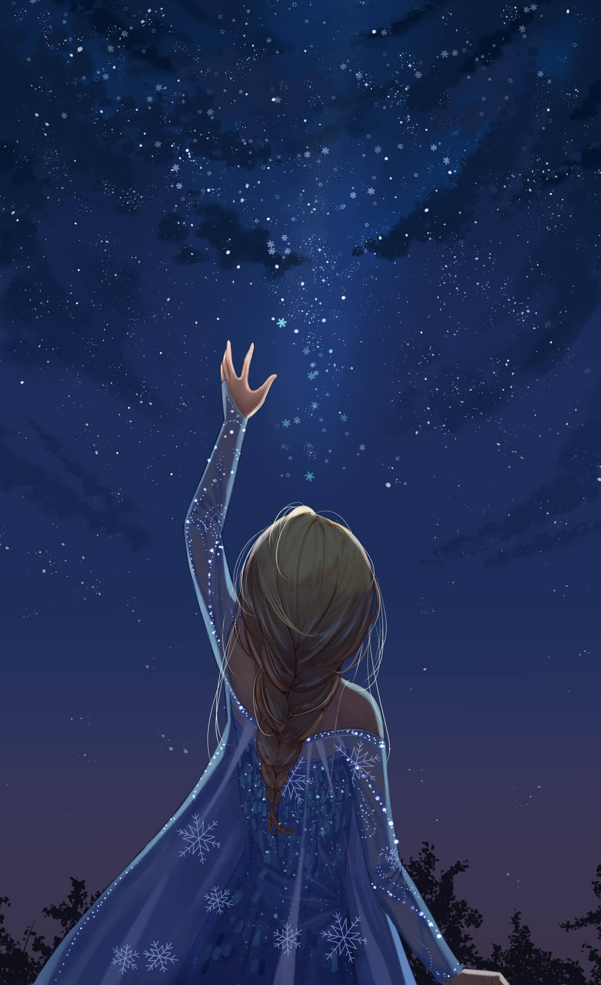 穿著藍色雪花長袍的女孩伸手觸碰夜空中旋轉的星星