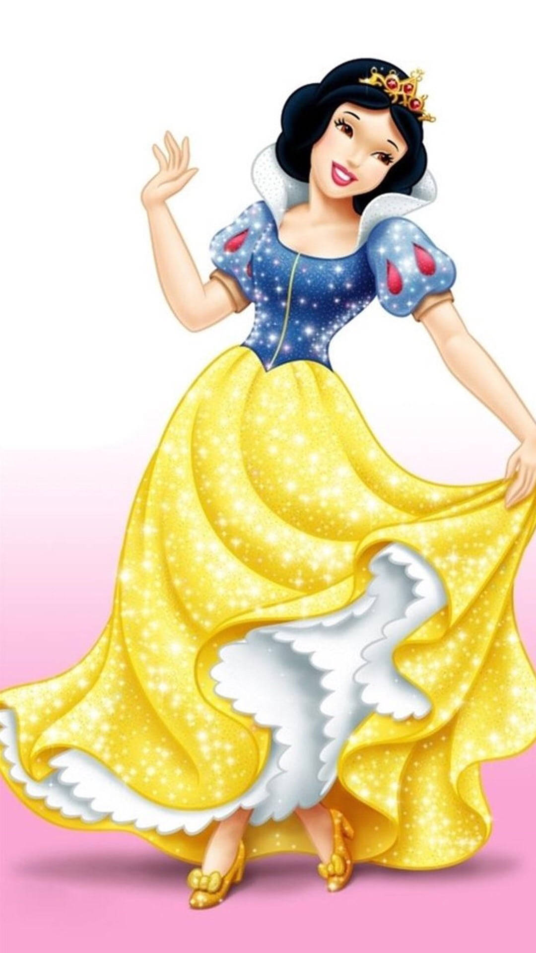 白雪公主身穿藍黃色連衣裙愉快地揮手。