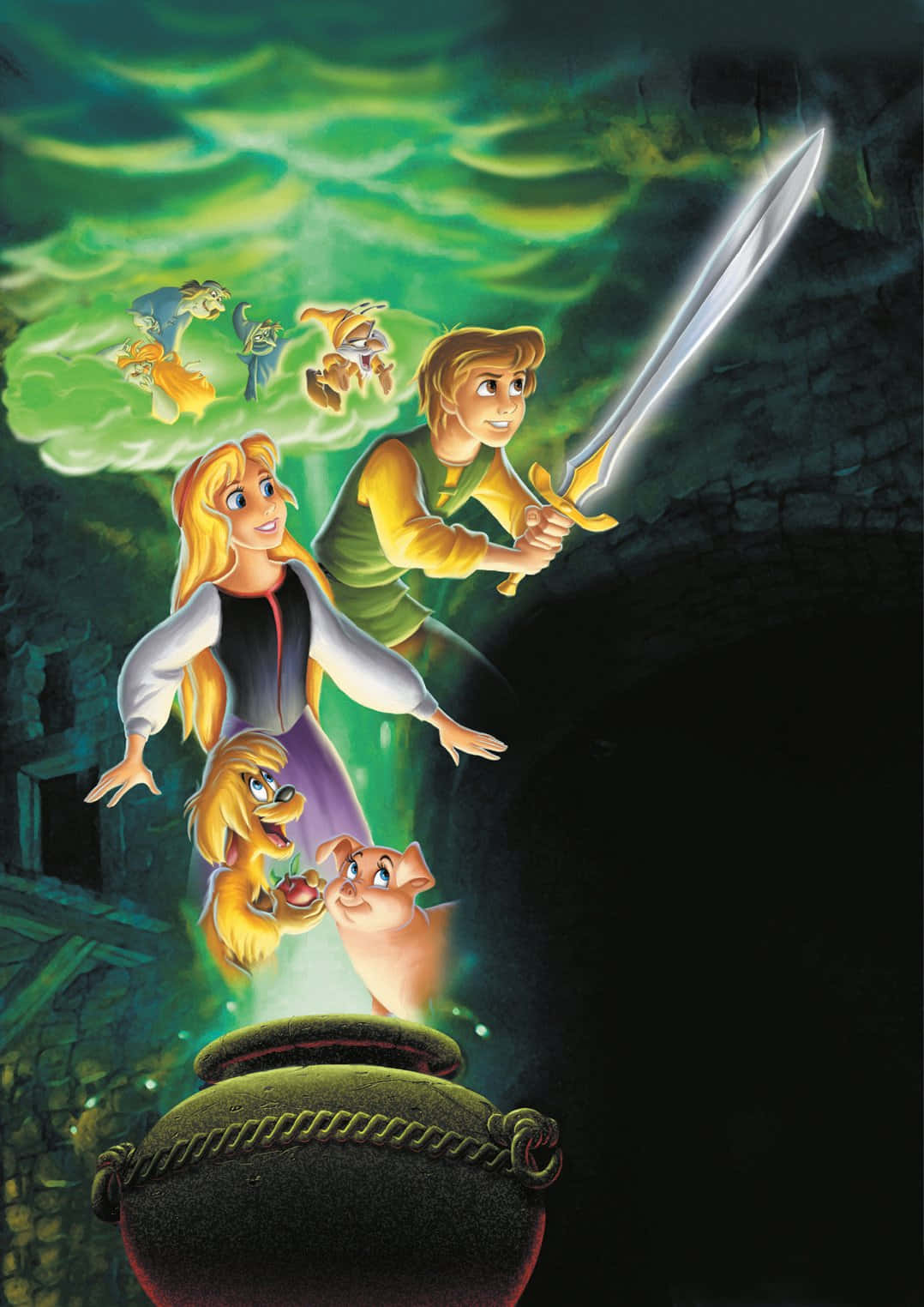 cauldron 桌布 壁紙 — 迪士尼的長髮公主樂佩和費林·雷德英勇地站在一個黑暗的石室中，發光的綠色魔法與被施了魔法的生物在他們上方旋轉。