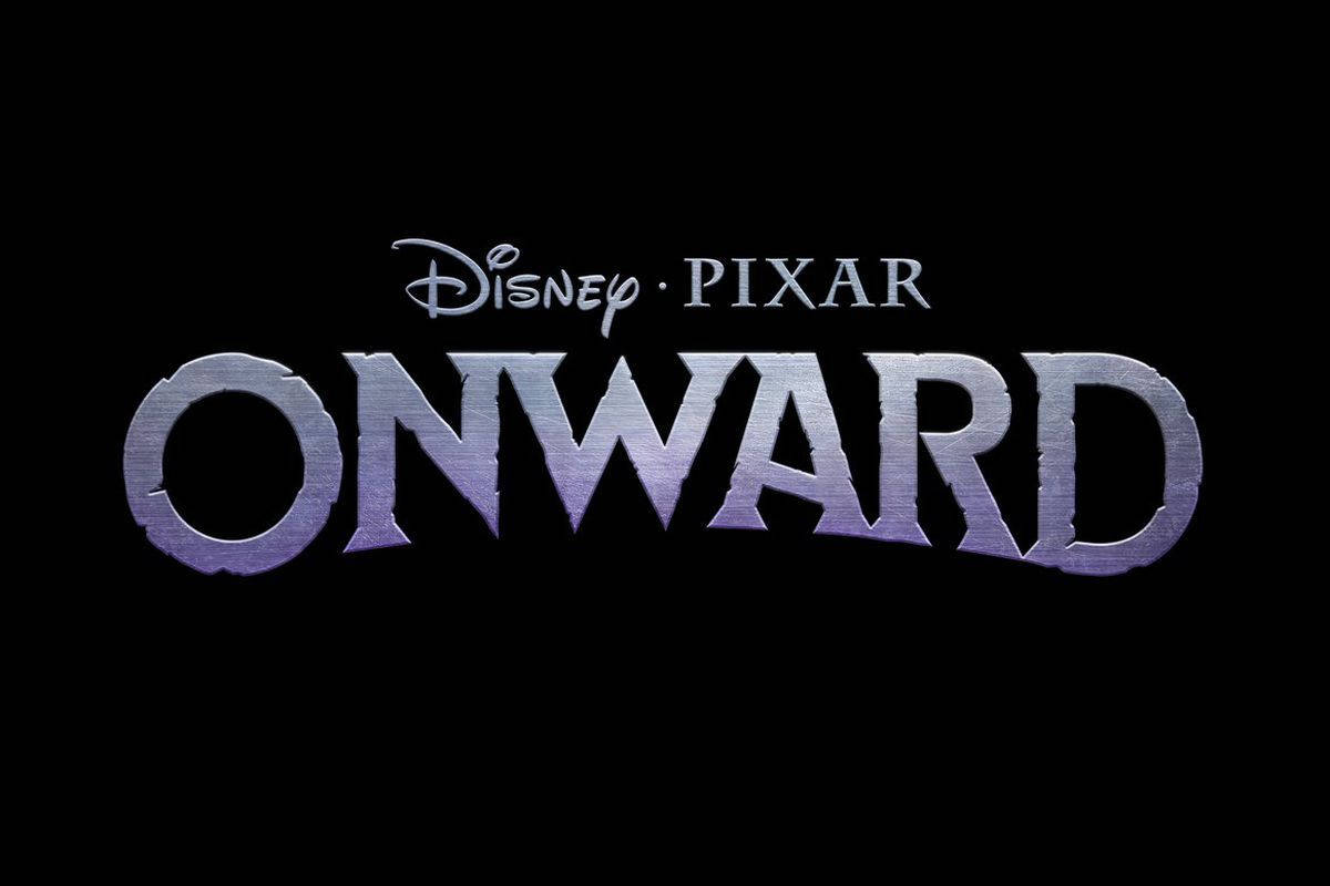 迪士尼皮克斯《向前吧！》標題藝術 壁紙 — 電影名稱 Onward 以金屬紫色字體呈現於黑色背景上，上方有迪士尼彼思標誌。