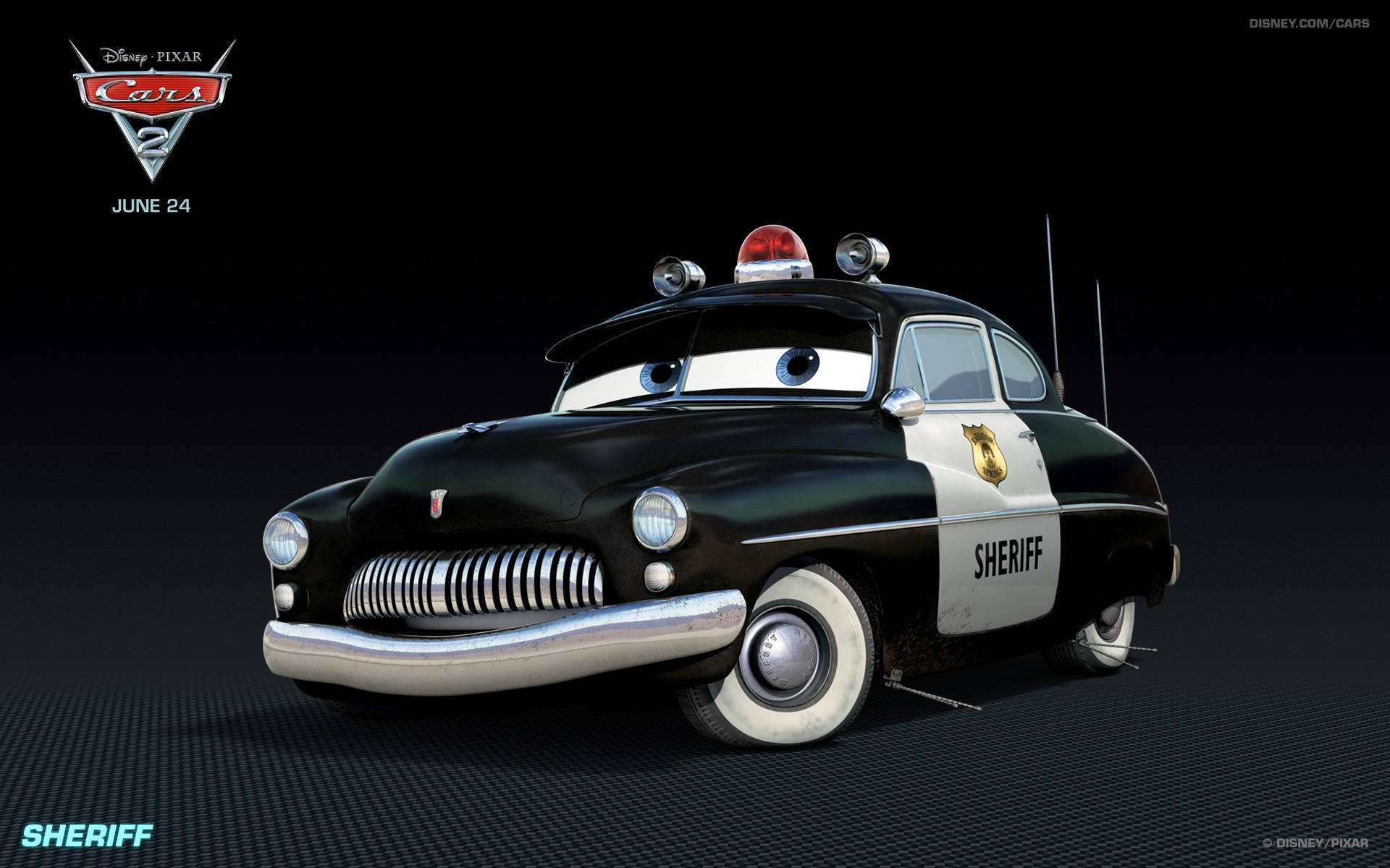 帶有眼睛和車頂紅燈的動畫警車。