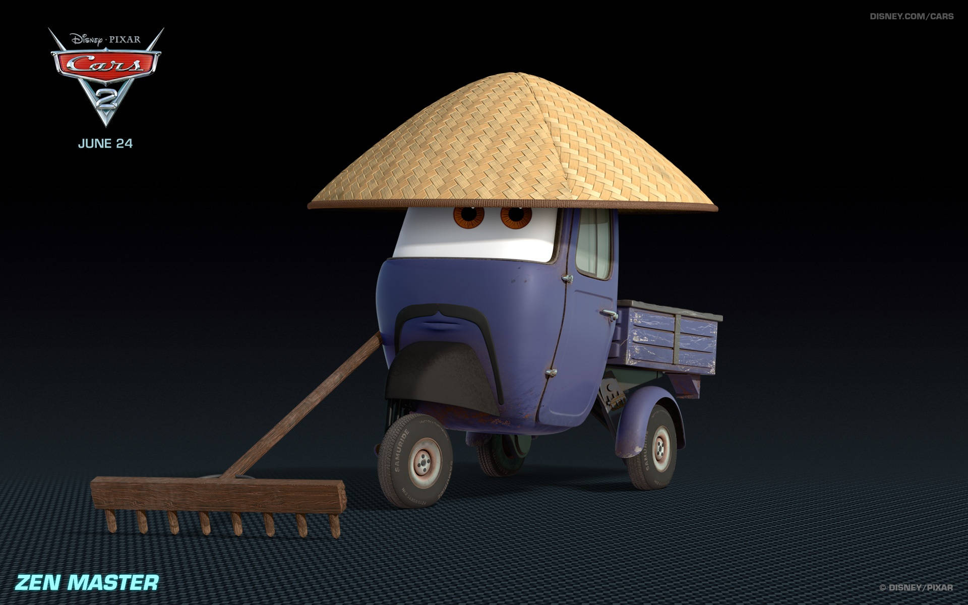 藍色動畫車戴著草帽和拿著耙子，標示為 Zen Master。
