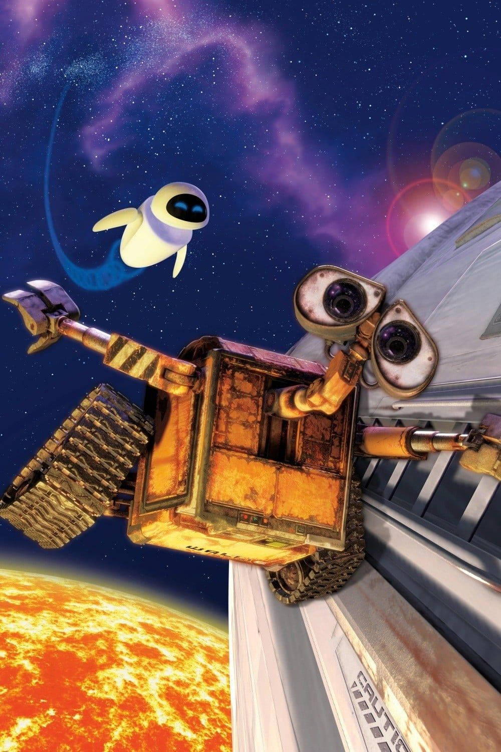 迪士尼皮克斯電影《瓦力》 壁紙 — WALL-E 和 EVE 在太空中漂浮，背景是充滿活力的星雲，下方有一顆發光的橙色行星。