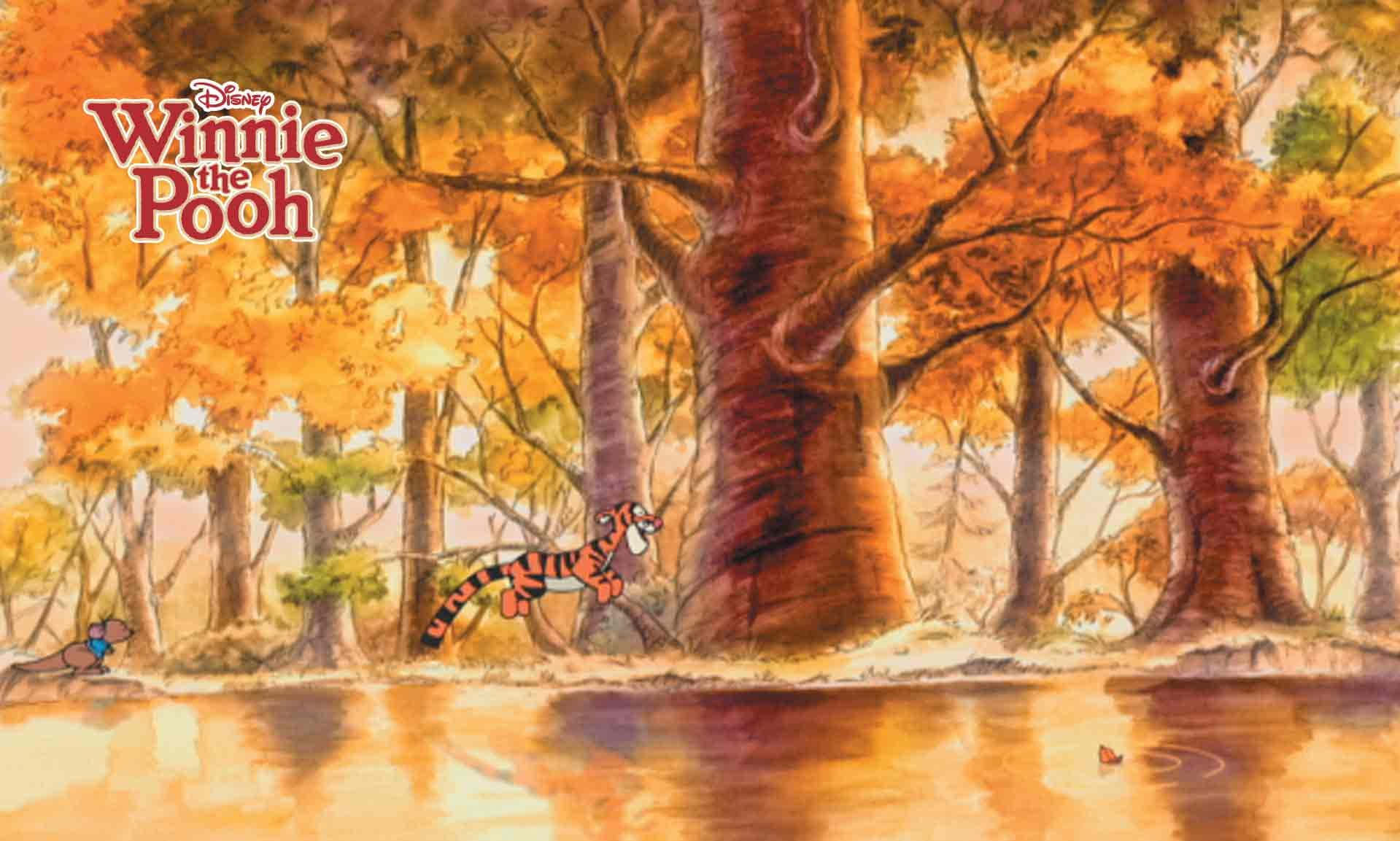 迪士尼秋日仙境 壁紙 — 跳跳虎在陽光明媚的秋日森林中歡快地跳躍，他的朋友兔子從岸邊觀看。