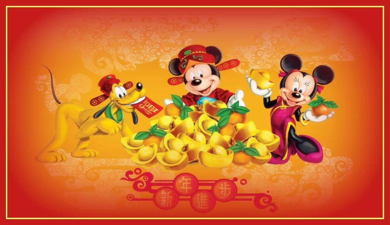 迪士尼角色用金條和橙子慶祝中國新年。