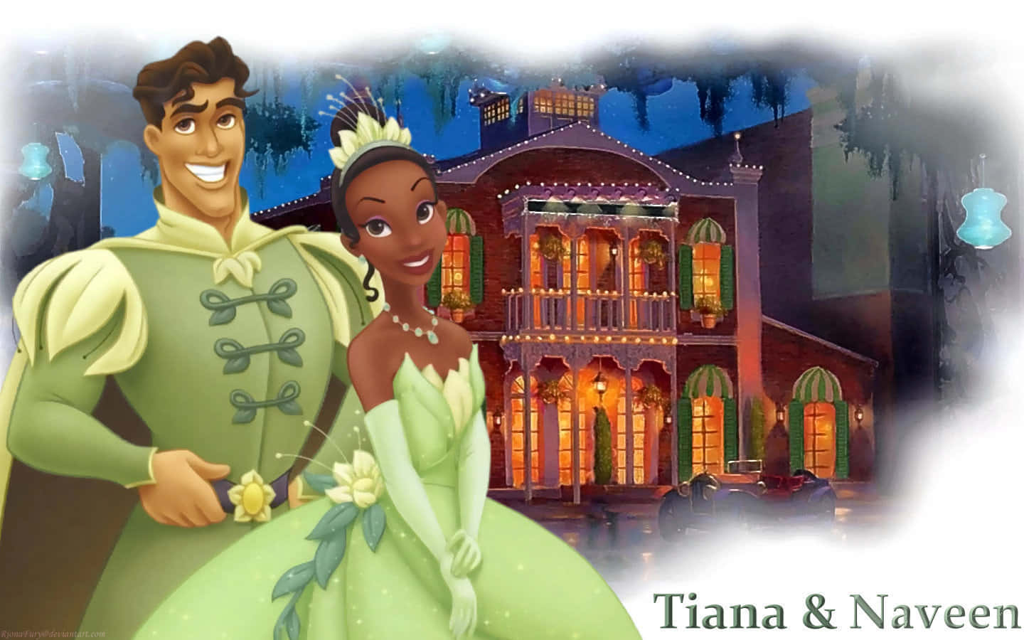 Tiana 和 Naveen 身穿綠色正裝，夜晚站在發光的大宅前。