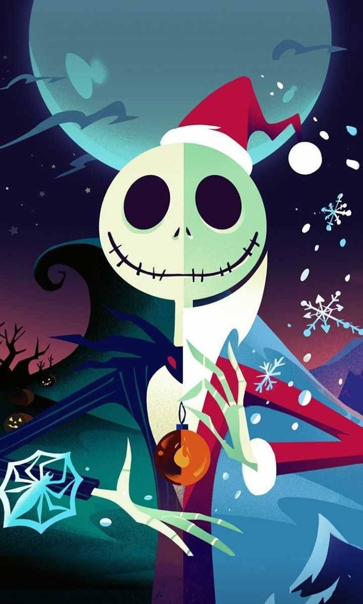迪士尼聖誕傑克骷髏頭 壁紙 — Jack Skellington 戴著聖誕帽，在滿月雪夜中手持發光裝飾品。
