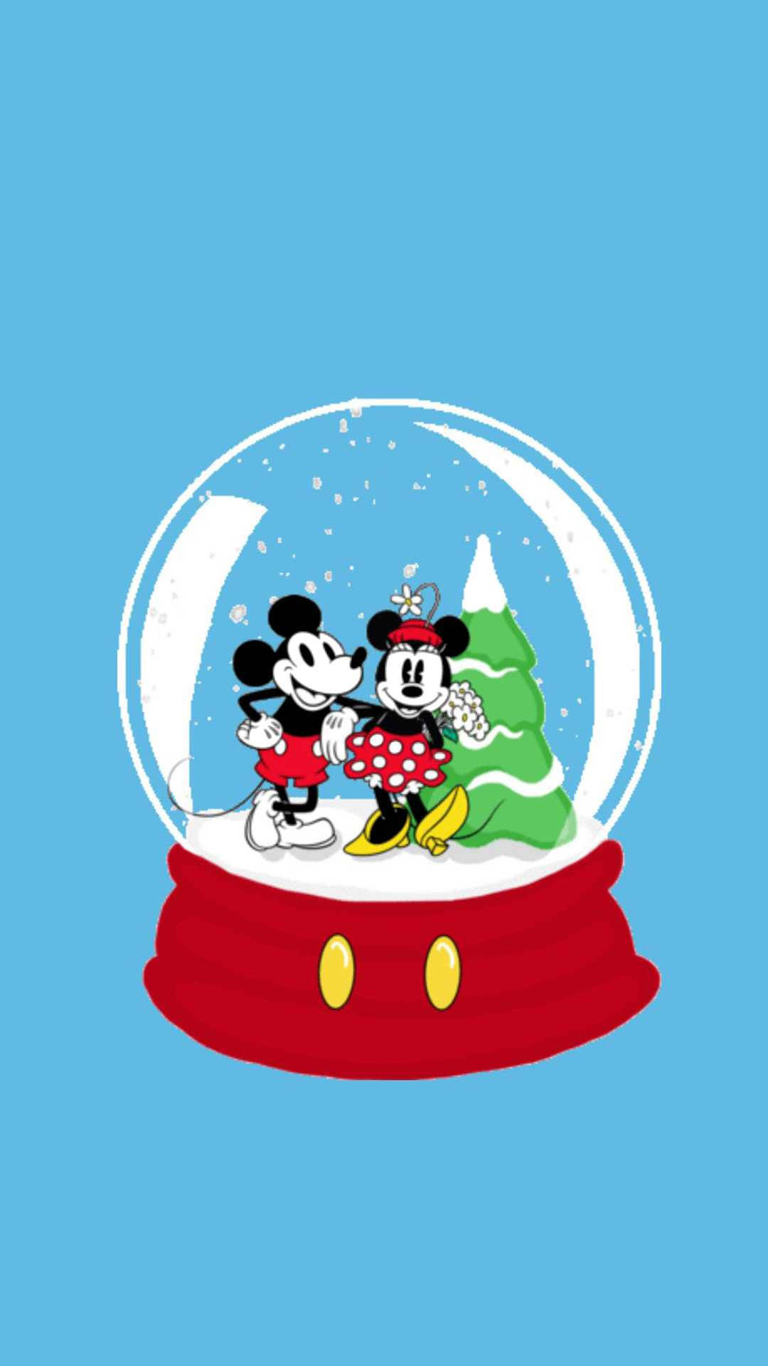 迪士尼聖誕雪景球 壁紙 — 米奇和米妮老鼠一起站在一個雪球內，裡面有聖誕樹，雪花在他們周圍飄落。