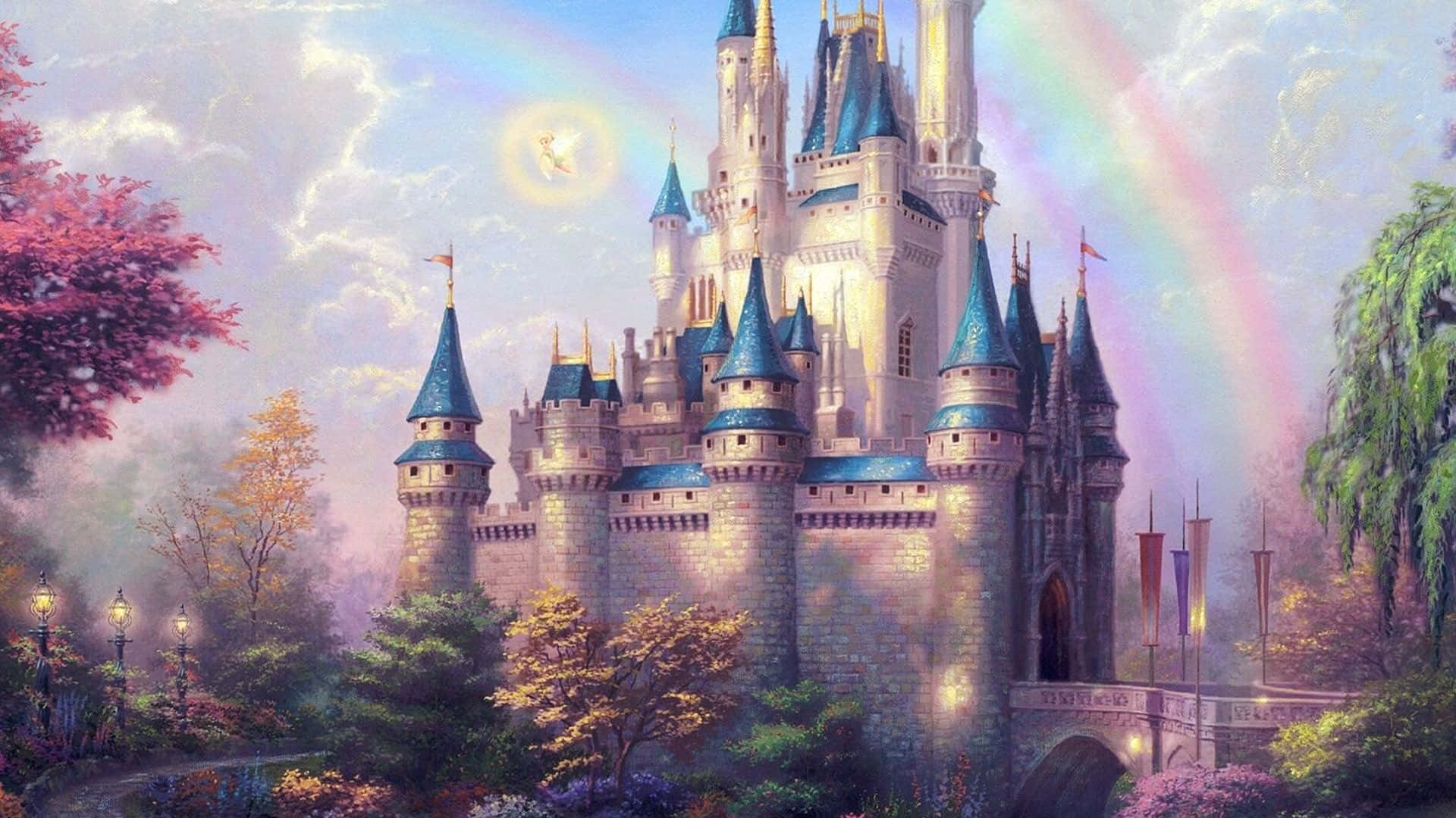 迷人的城堡，帶有藍色尖頂和彩虹，在發光的天使之下。