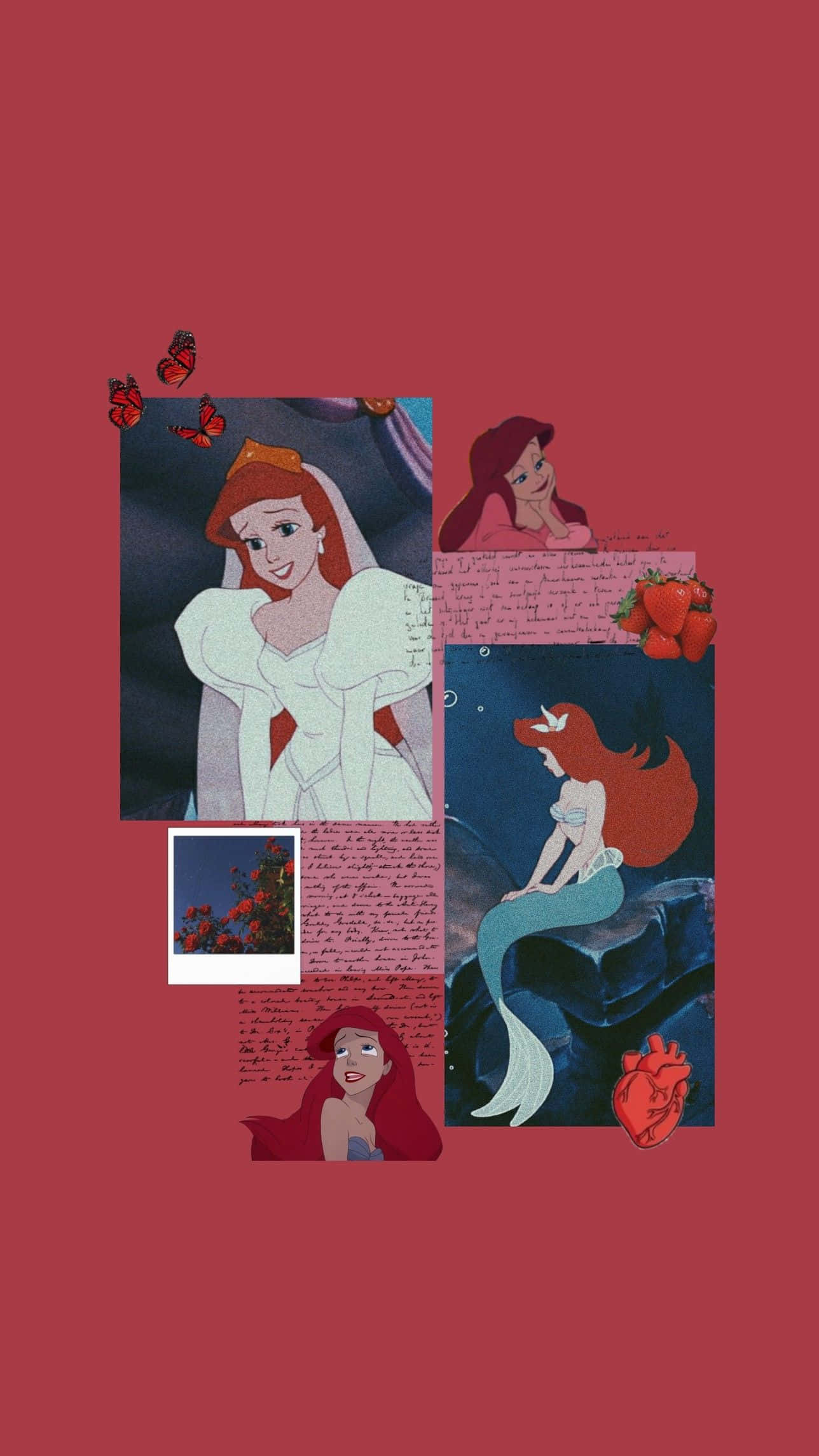 Aesthetic Disney 桌布 壁紙 — 迪士尼艾莉爾在不同場景中的拼貼畫，以純紅色背景搭配手寫筆記和草莓。