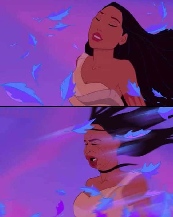 一個女人從平靜過渡到哭泣，藍色羽毛在紫色光中圍繞她旋轉。