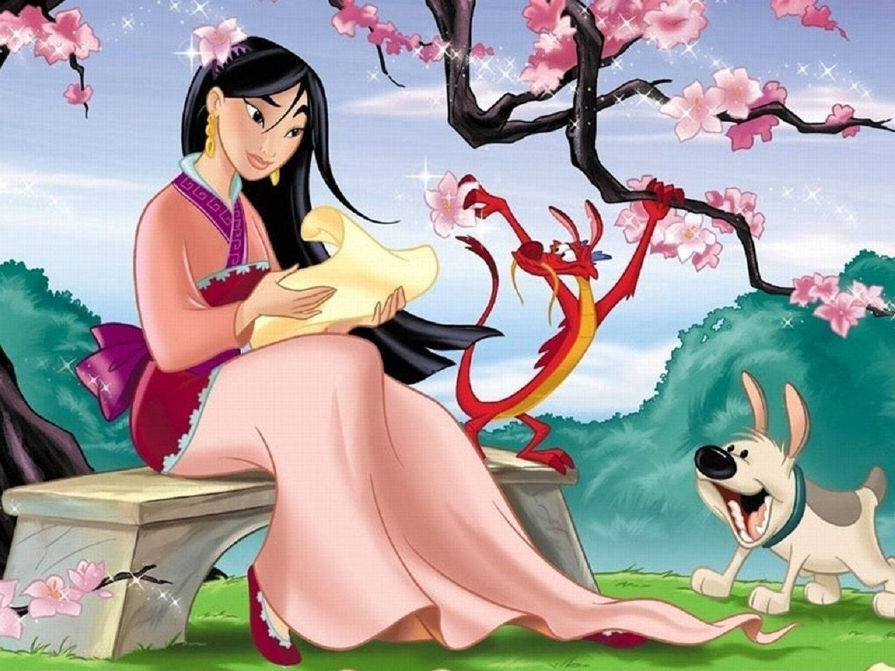 迪士尼花木蘭美麗公主 壁紙 — 花木蘭坐在盛開的櫻花樹下的石凳上，她的龍夥伴和一隻頑皮的狗在附近。