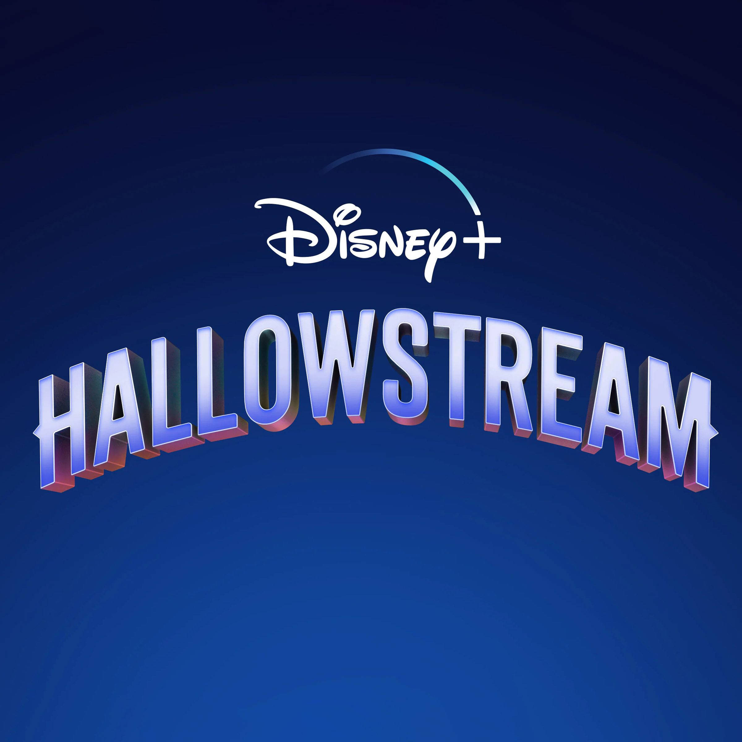 迪士尼萬聖節Hallowstream 壁紙 — Disney+ Halloween Stream 標誌，帶有粗體 3D 文字，在深藍色漸變背景上發光。