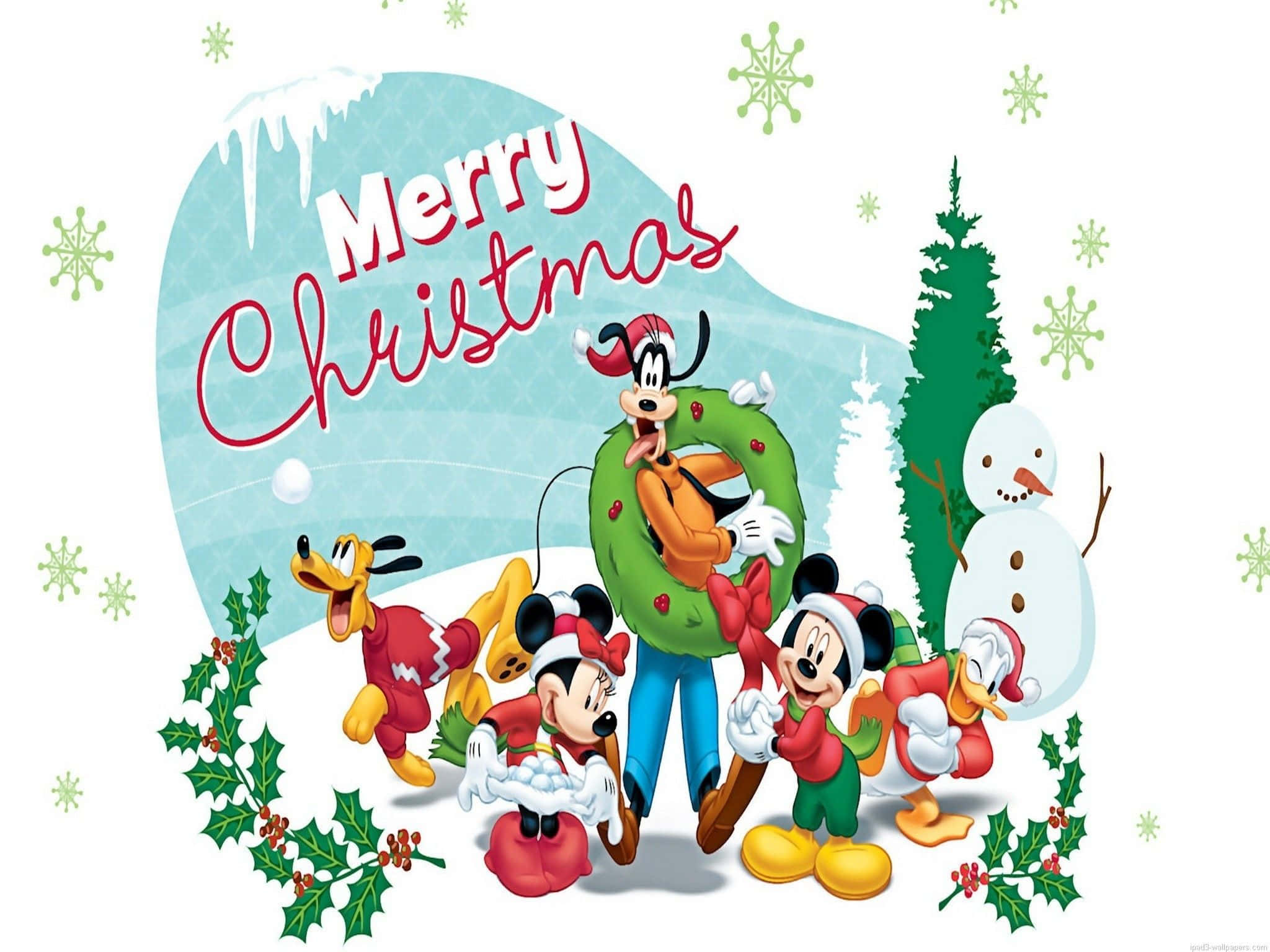 Aesthetic Disney 桌布 壁紙 — 迪士尼角色以雪人花環和冬青慶祝聖誕節的冬日場景。