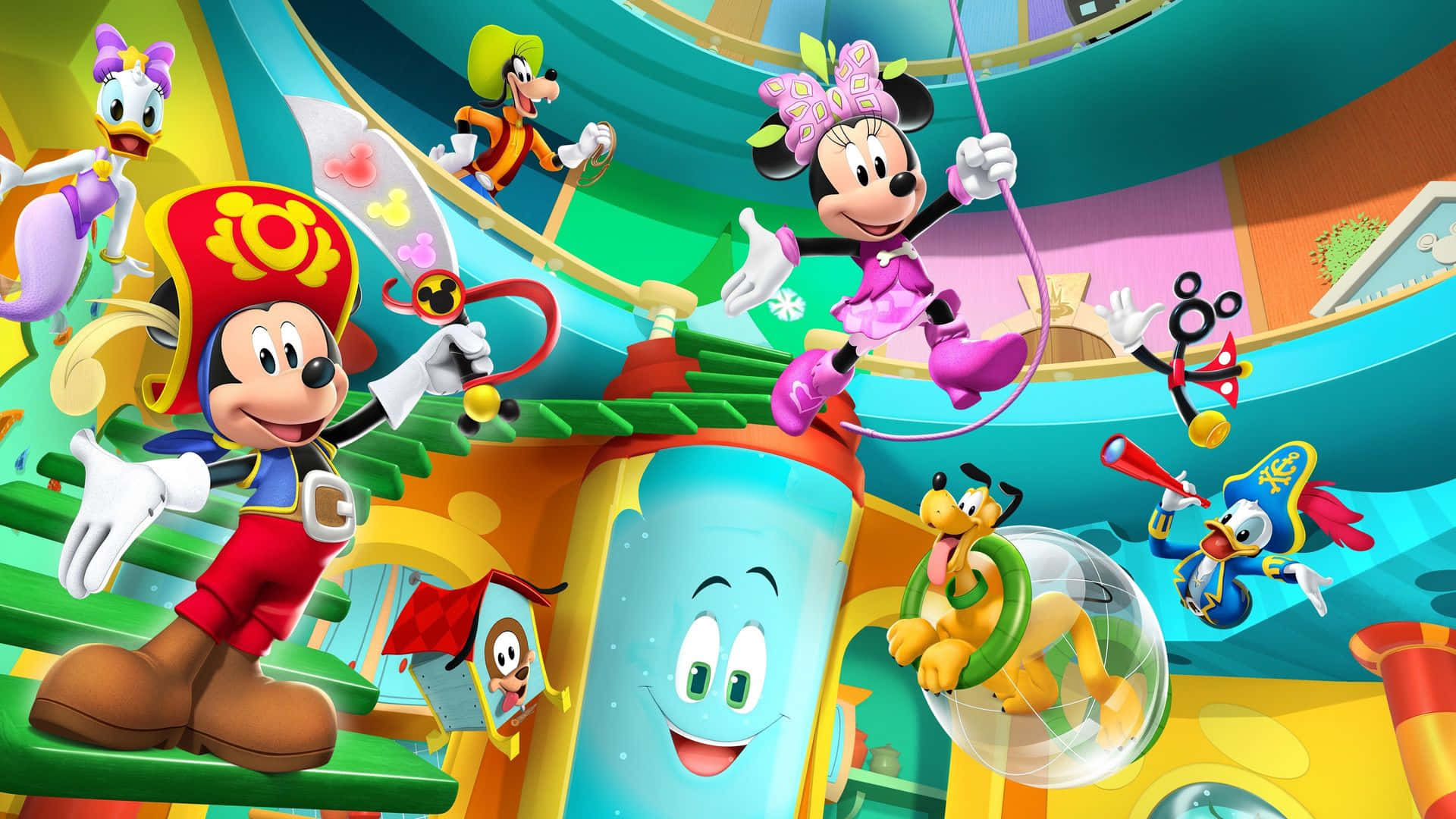 Mickey Mouse Clubhouse 桌布 壁紙 — 迪士尼角色在色彩繽紛的海盜主題遊樂場中，有滑梯和泡泡。