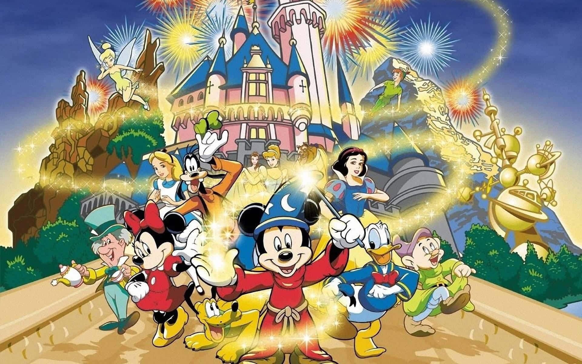 Disneyland 桌布 壁紙 — 迪士尼角色在魔法城堡前歡樂慶祝，伴隨煙花和發光效果。