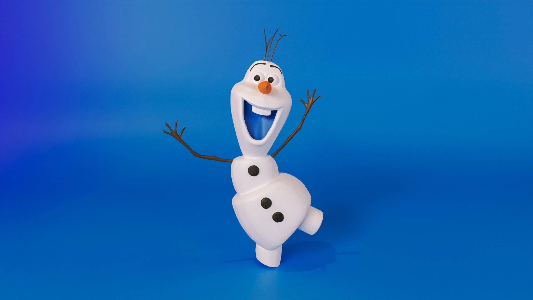 迪士尼雪人奧拉夫3D 壁紙 — 一個快樂的動畫雪人，有樹枝手臂和胡蘿蔔鼻子，在漸變藍色背景上開心地笑。