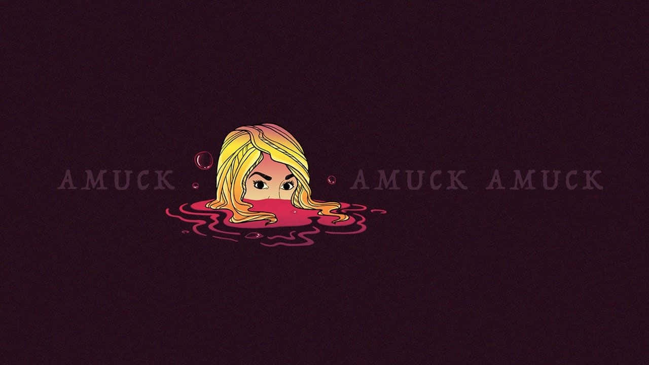 一個金髮女孩從紅色液體中浮現，背景有「amuck」文字。