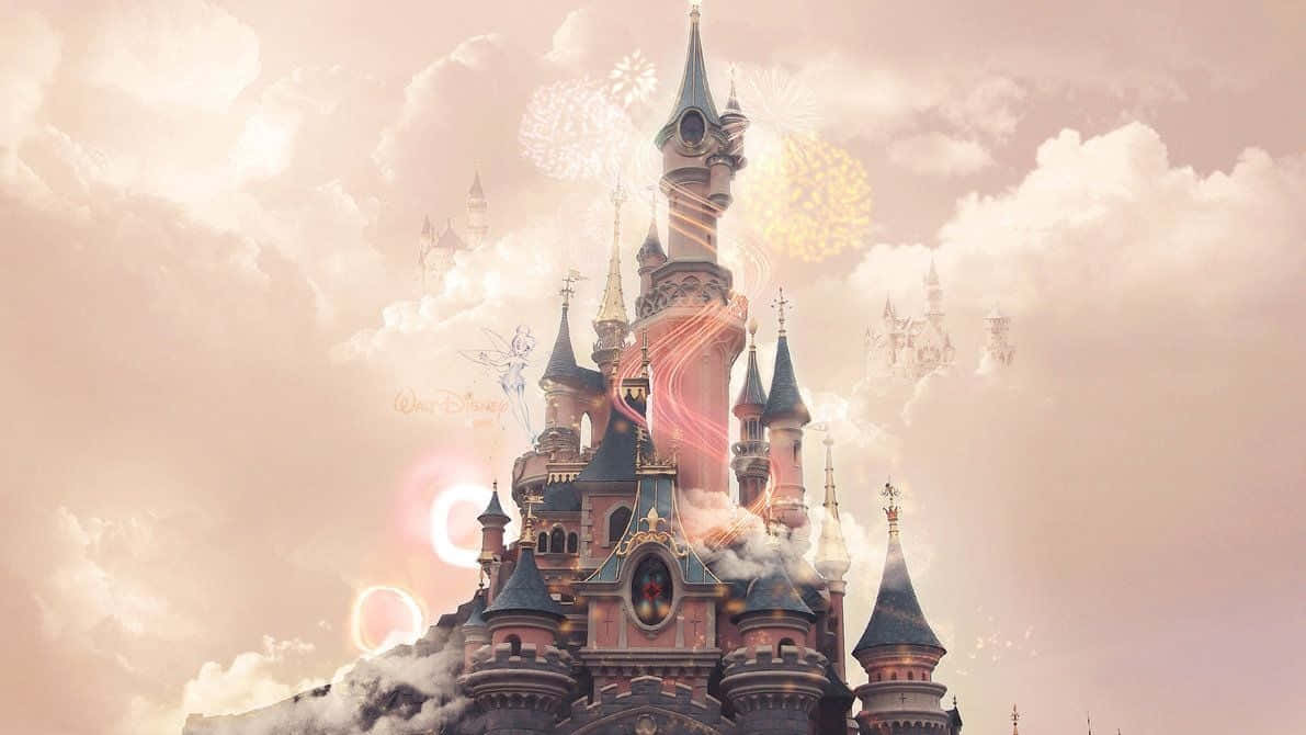 迪士尼城堡在魔法天空中綻放煙火與雲彩。