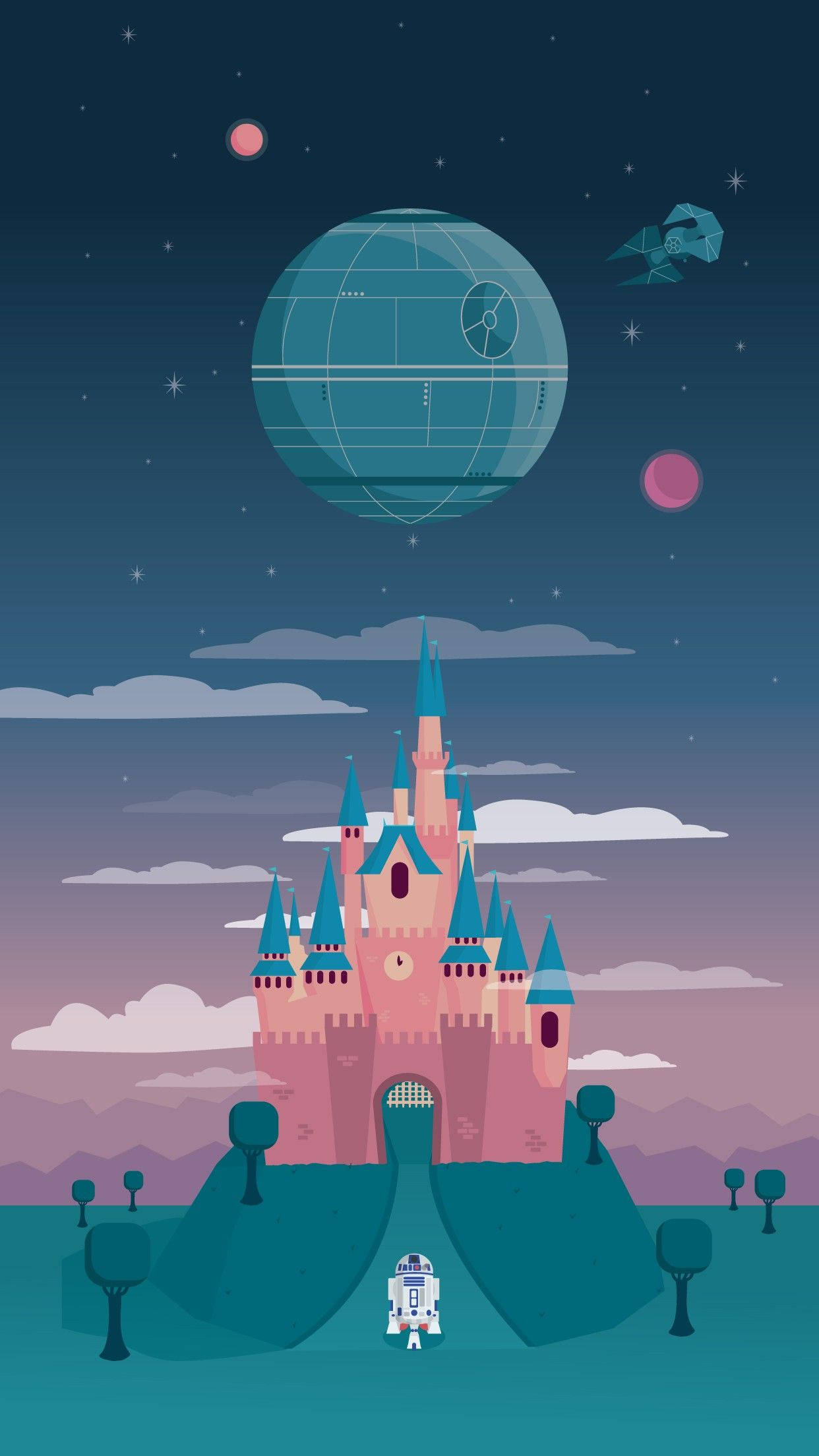 迪士尼頻道 星際大戰 R2-D2 城堡 壁紙 — 一座粉紅色的迪士尼城堡矗立在星空下，上方漂浮著死星和X翼戰機。