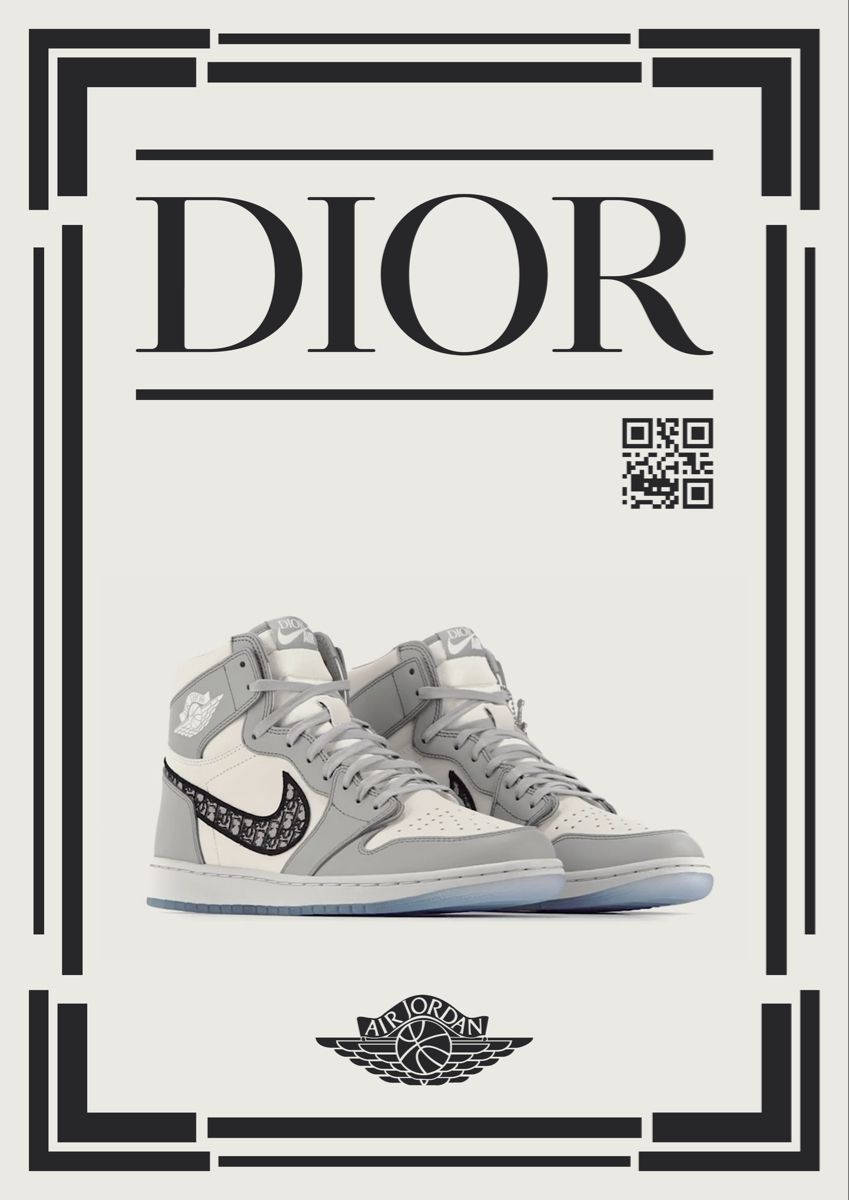 灰色和白色的Dior x Air Jordan 1運動鞋，帶有裝飾藝術風格框架。