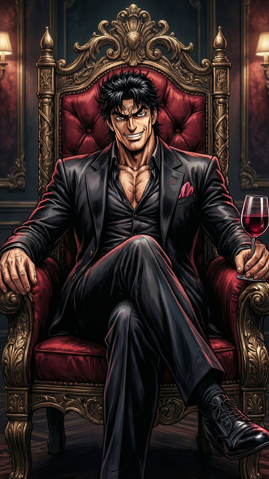 一個強大的動漫男人穿著黑色西裝，坐在紅色天鵝絨寶座上，手持一杯酒。