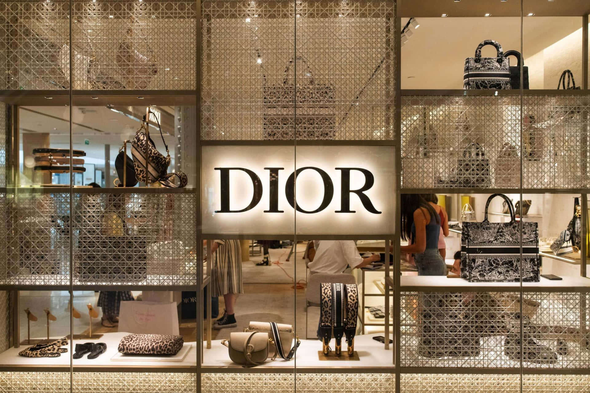迪奧精品店奢華時尚陳列 壁紙 — Dior 豪華精品店櫥窗展示，幾何網格面板後方展示圖案手袋及配飾。