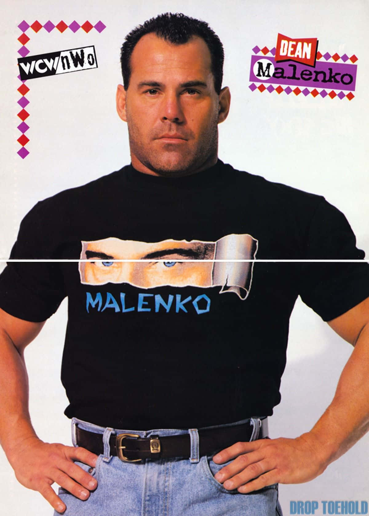 Dean Malenko 穿著印有眼睛圖案的黑色T恤和牛仔褲，雙手叉腰，可見WCW品牌標誌。