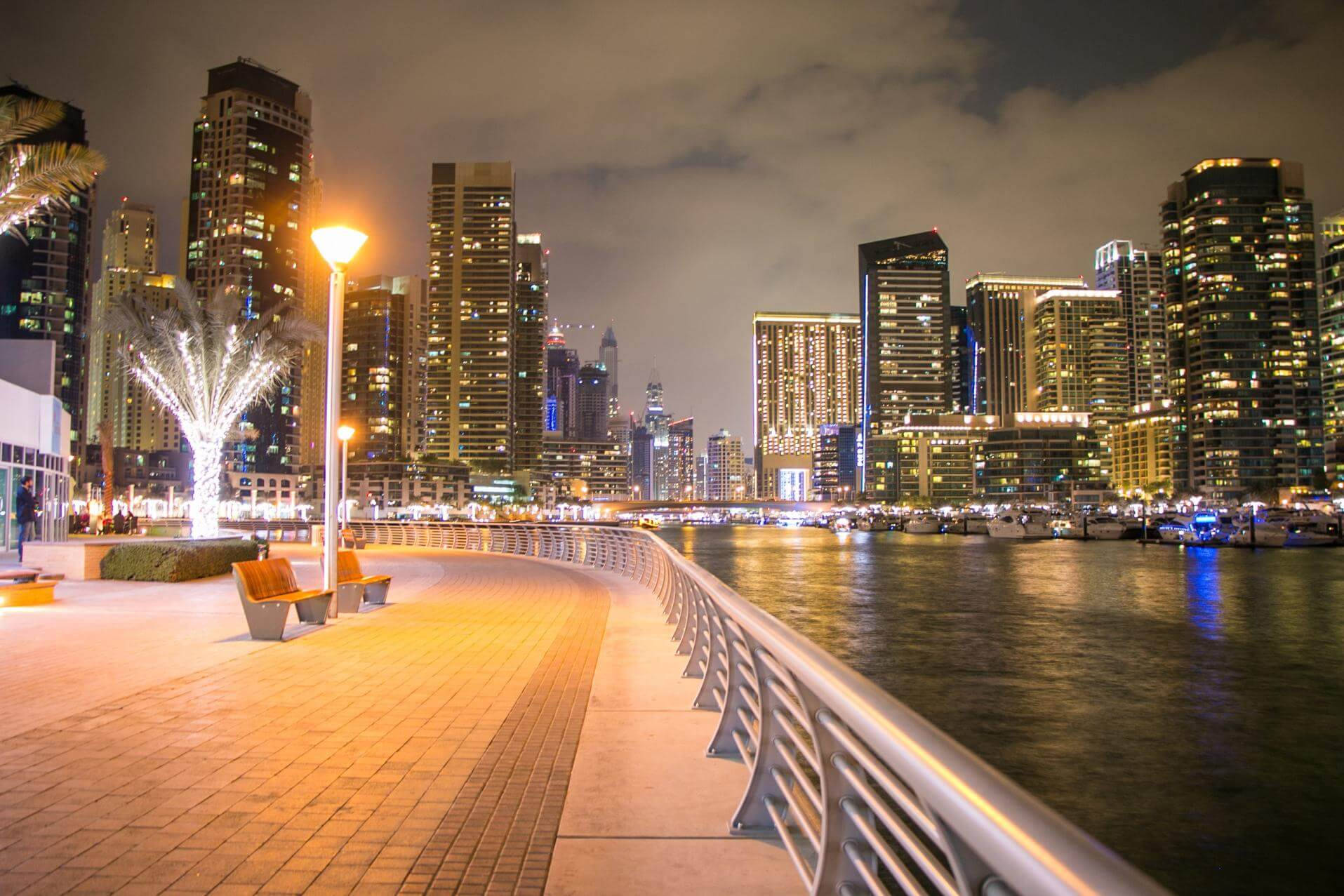 迪拜旅遊景點公園夜景 壁紙 — 沿著海濱長廊的充滿活力的夜間城市景觀，發光的摩天大樓倒映在平靜的水面上。