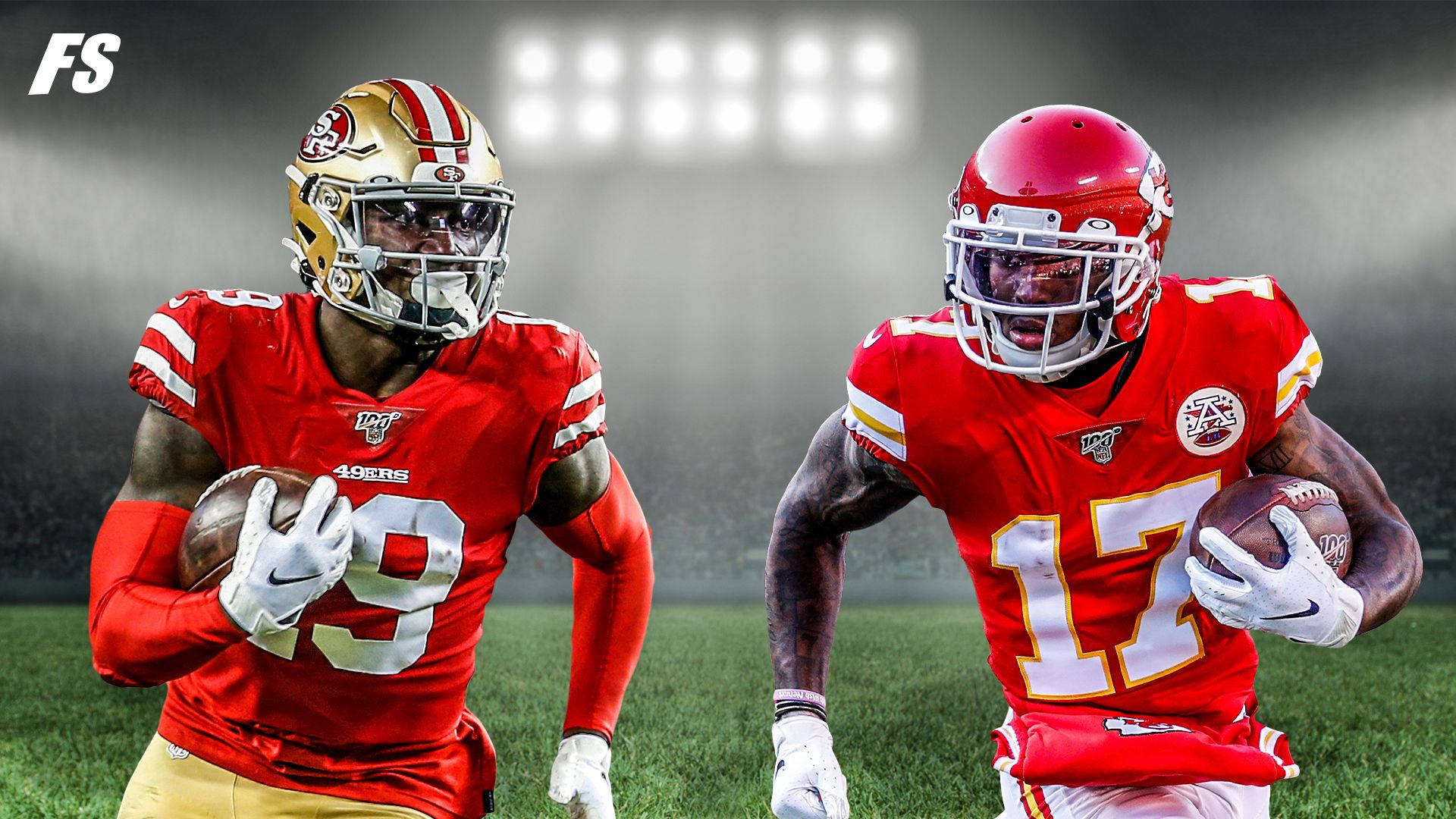 迪波·薩穆爾與麥可爾·哈德曼 壁紙 — 兩名身穿紅色球衣的NFL美式足球運動員在體育場燈光下的草地上持球衝刺。