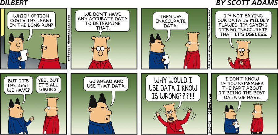 兩位 Dilbert 角色在工作場所就使用不準確的數據進行爭論。