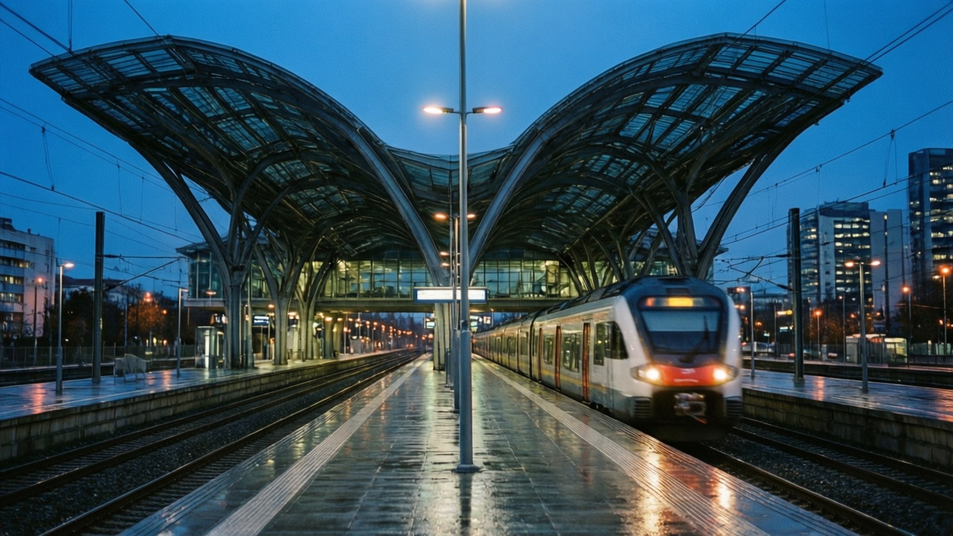 列車在黃昏時分抵達玻璃天篷下的現代化車站月台