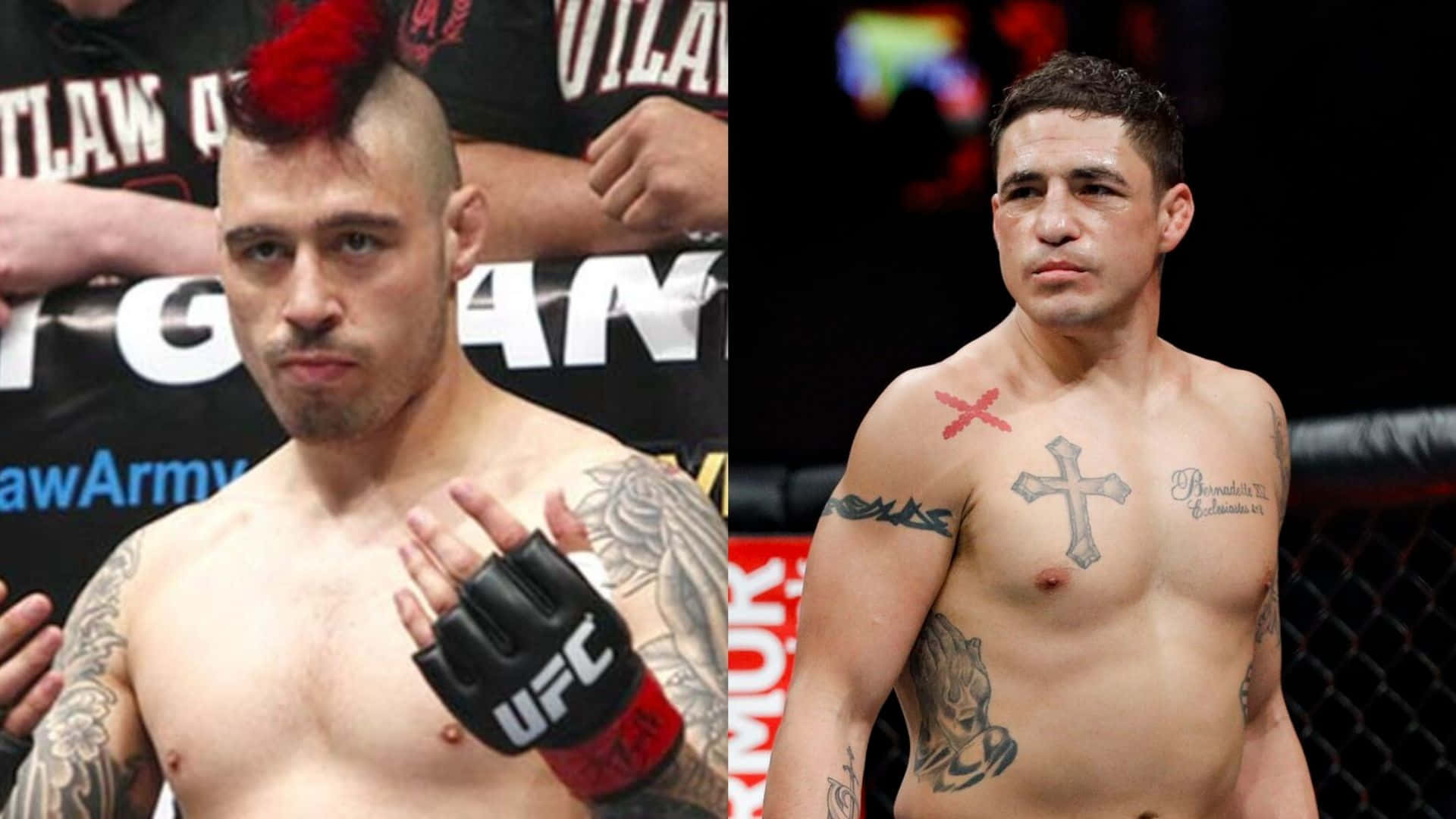 兩名有紋身的男性MMA拳手在八角籠中進行比賽。