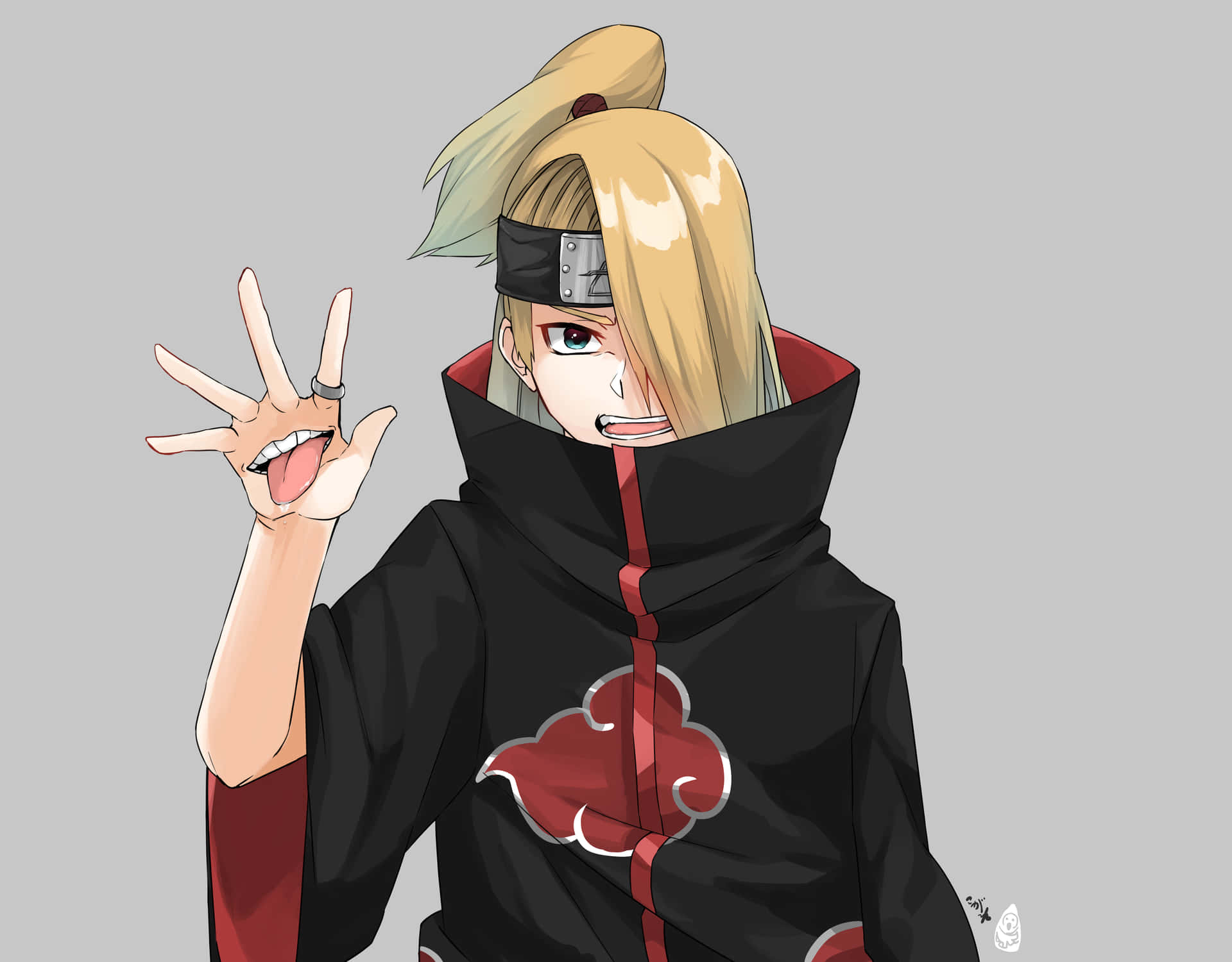動漫忍者 Deidara 身穿曉組織斗篷，眨眼並伸出舌頭展示和平手勢。
