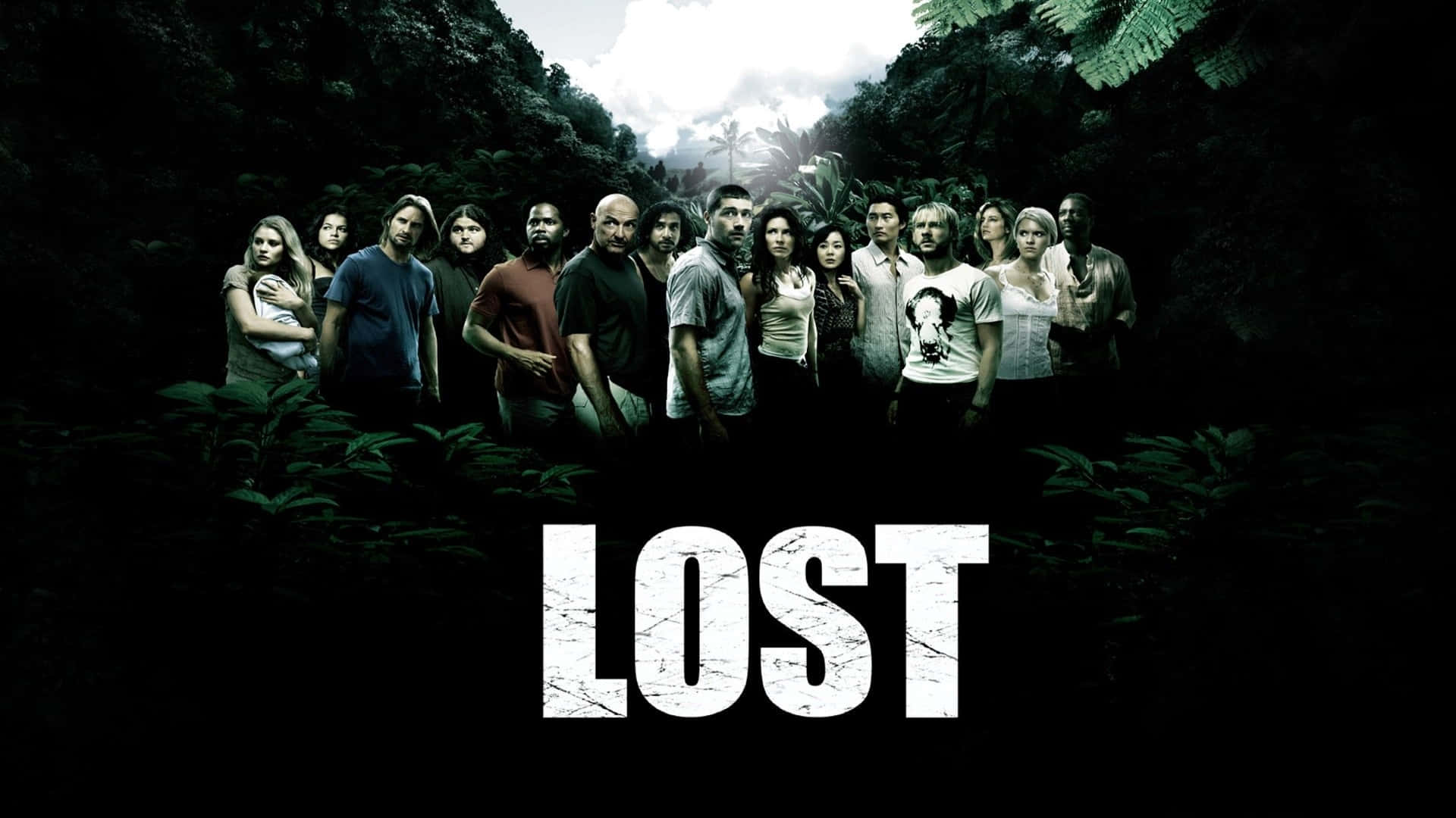 Tv Series 桌布 壁紙 — 《迷》的演員們站在黑暗的叢林空地中，身後是霧濛濛的天空，下方是標題文字。
