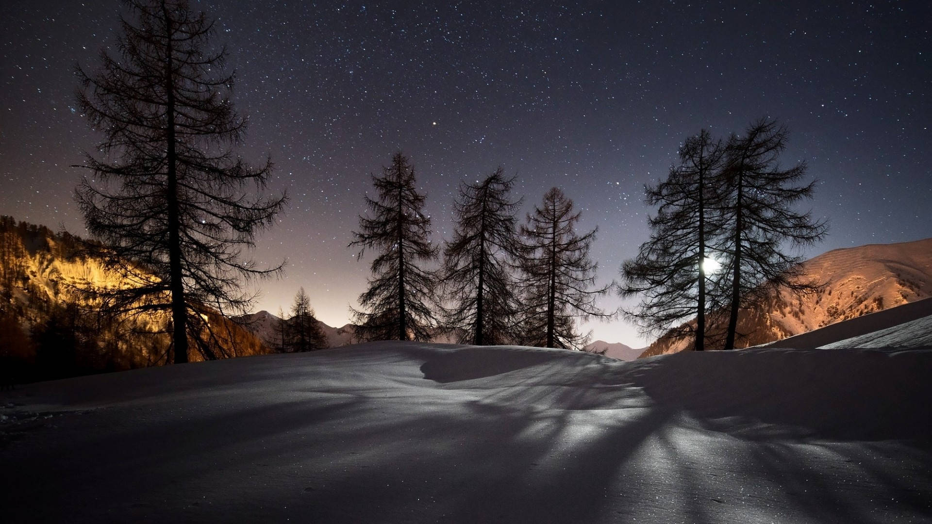 夜晚白雪覆蓋的山脊，松樹和星空。