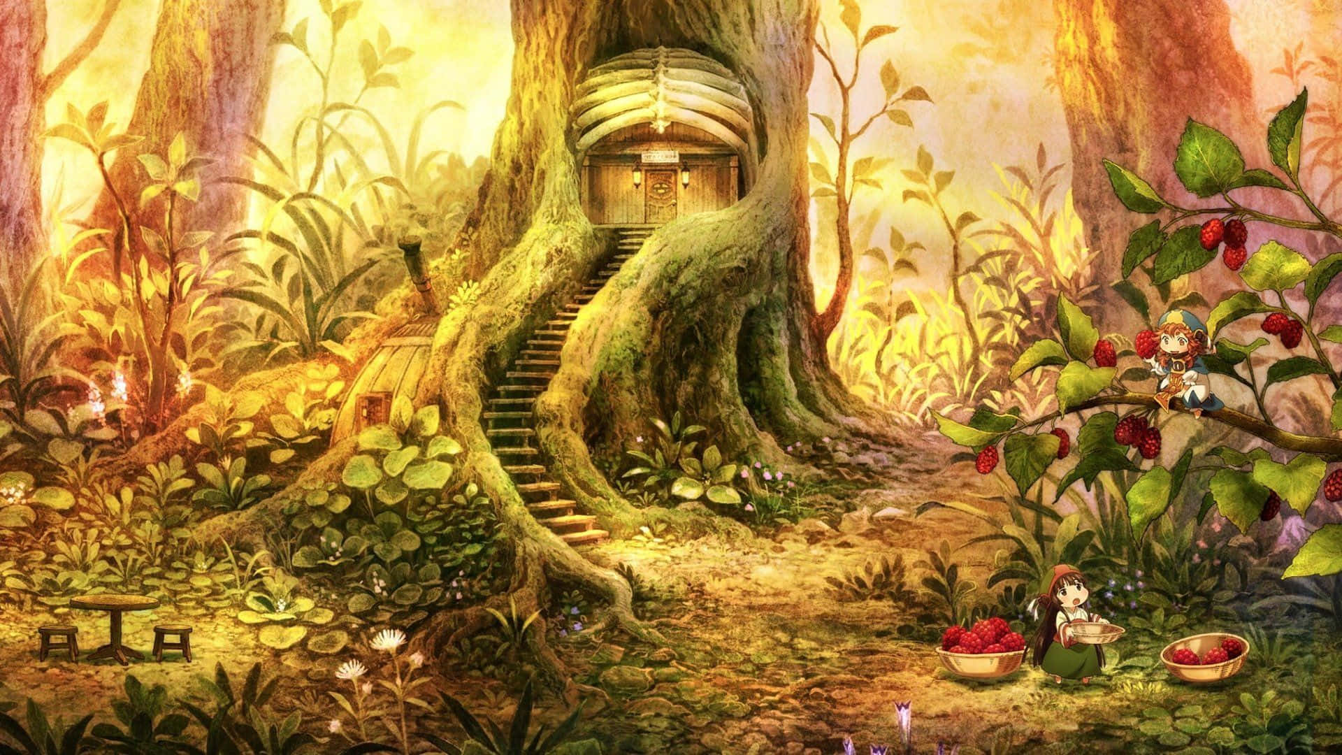 一個女孩在魔法森林的樹屋附近採集漿果。 — 鄉村風美學 壁紙
