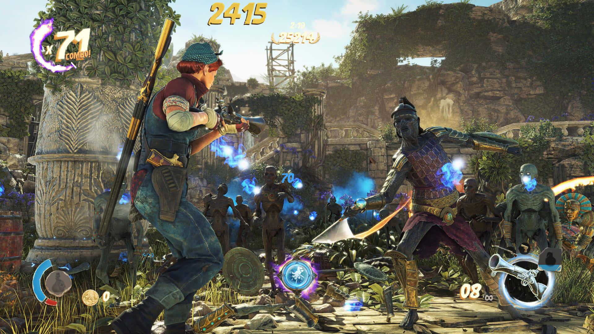 迷人《Strange Brigade》遊戲場景 壁紙 — 一名身穿藍色盔甲的戰士在叢林廢墟中與發光的敵人戰鬥，場景中有古老的石柱和遊戲UI元素。