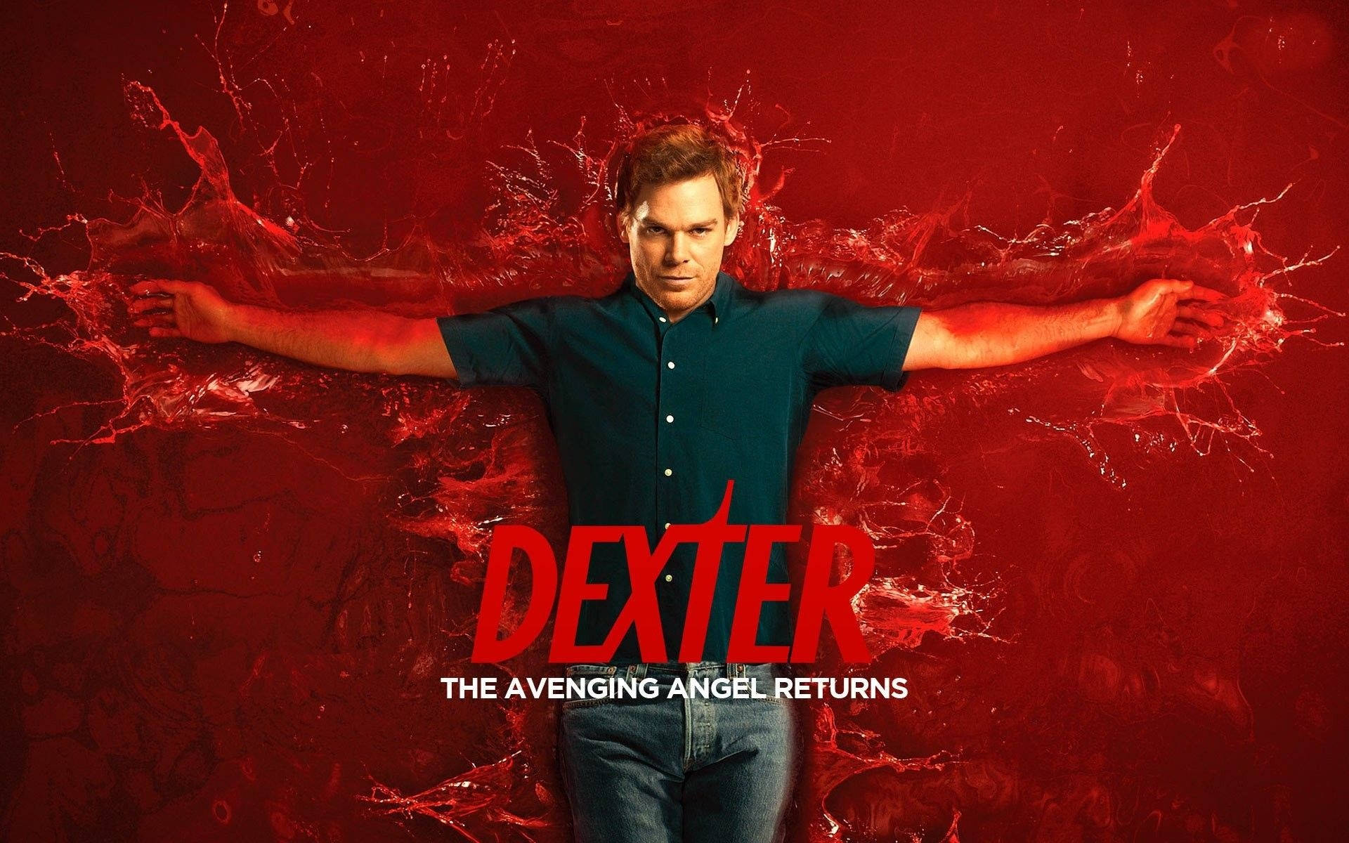 男人在紅色飛濺背景中張開雙臂，帶有Dexter標題。