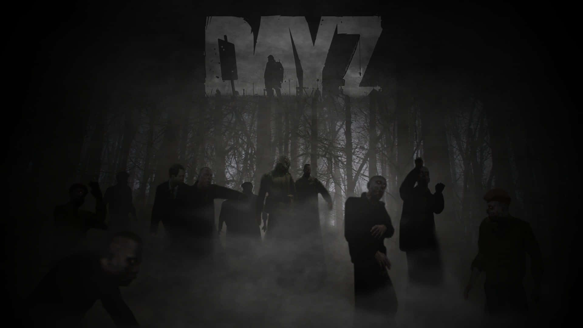 迷人1080p DayZ遊戲夜空背景 壁紙 — 在陰暗詭異的場景中，霧氣森林裡發光的「DAYZ」標誌下方出現剪影人物。