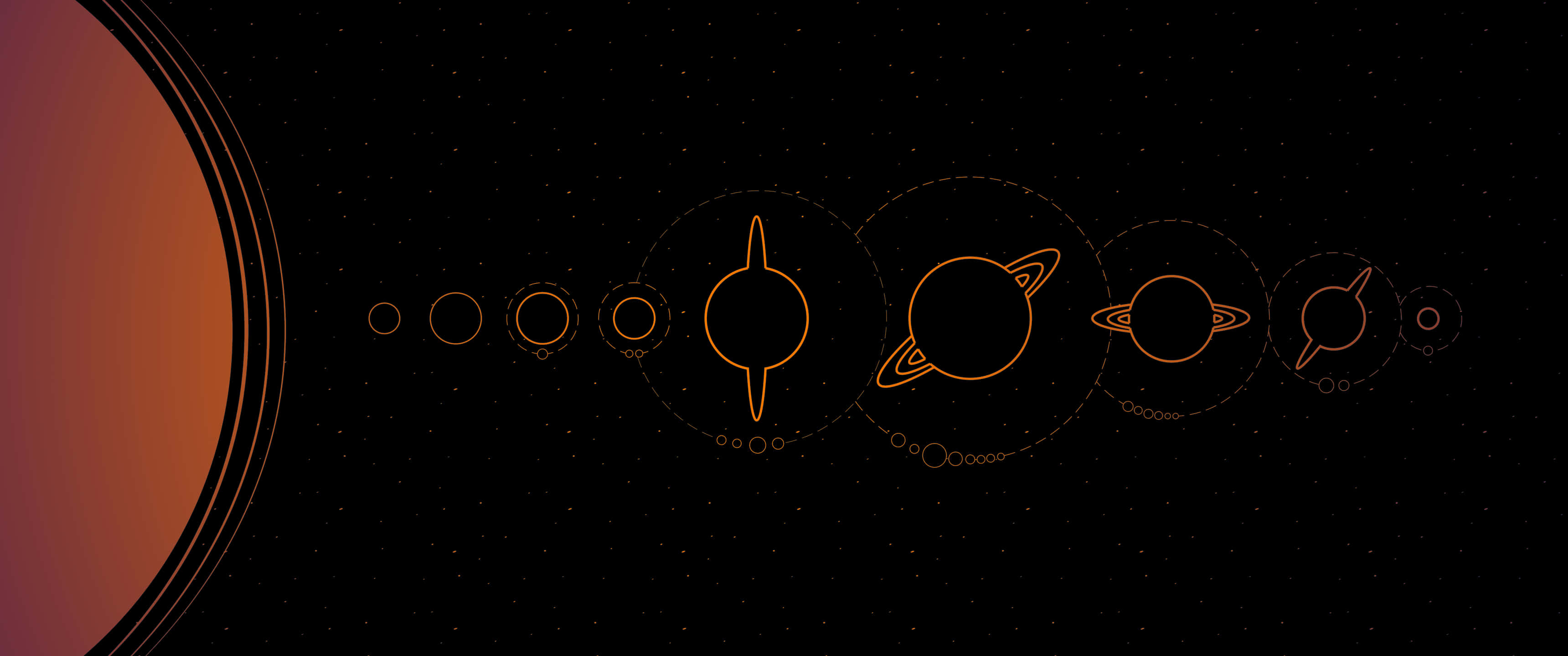 迷人3440x1440p OLED顯示背景 壁紙 — 一個極簡線條藝術描繪行星在軌道上運行，背景是星空黑色背景，左側有一個大型橙色行星。