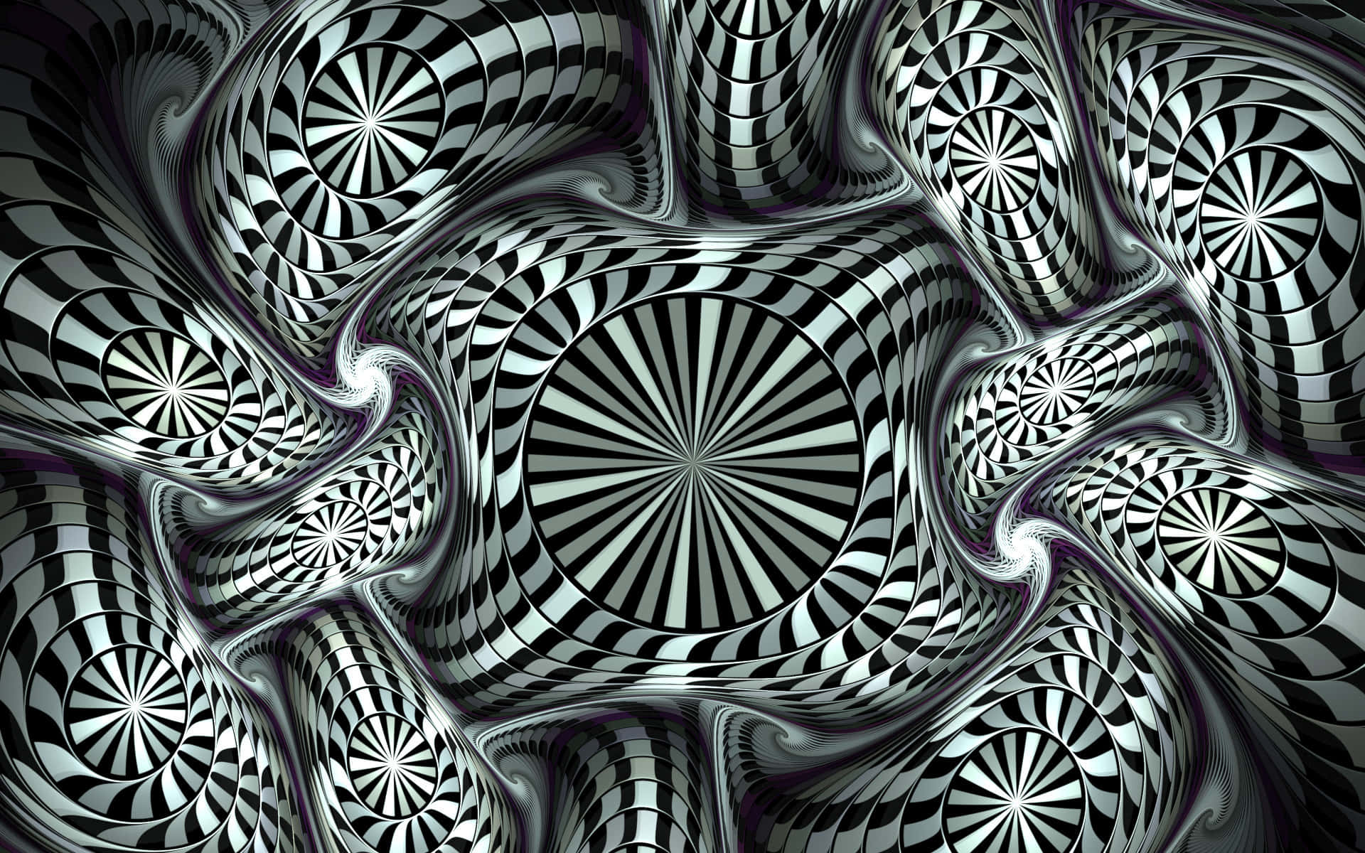 黑白旋轉錯視效果，紫色高光營造3D隧道效果。
