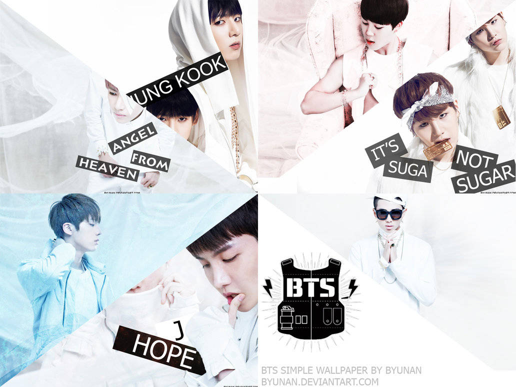 迷人BTS手機背景 壁紙 — BTS 成員身穿白色和藍色服裝的拼貼畫，帶有文字疊加和黑色背心標誌，背景明亮。