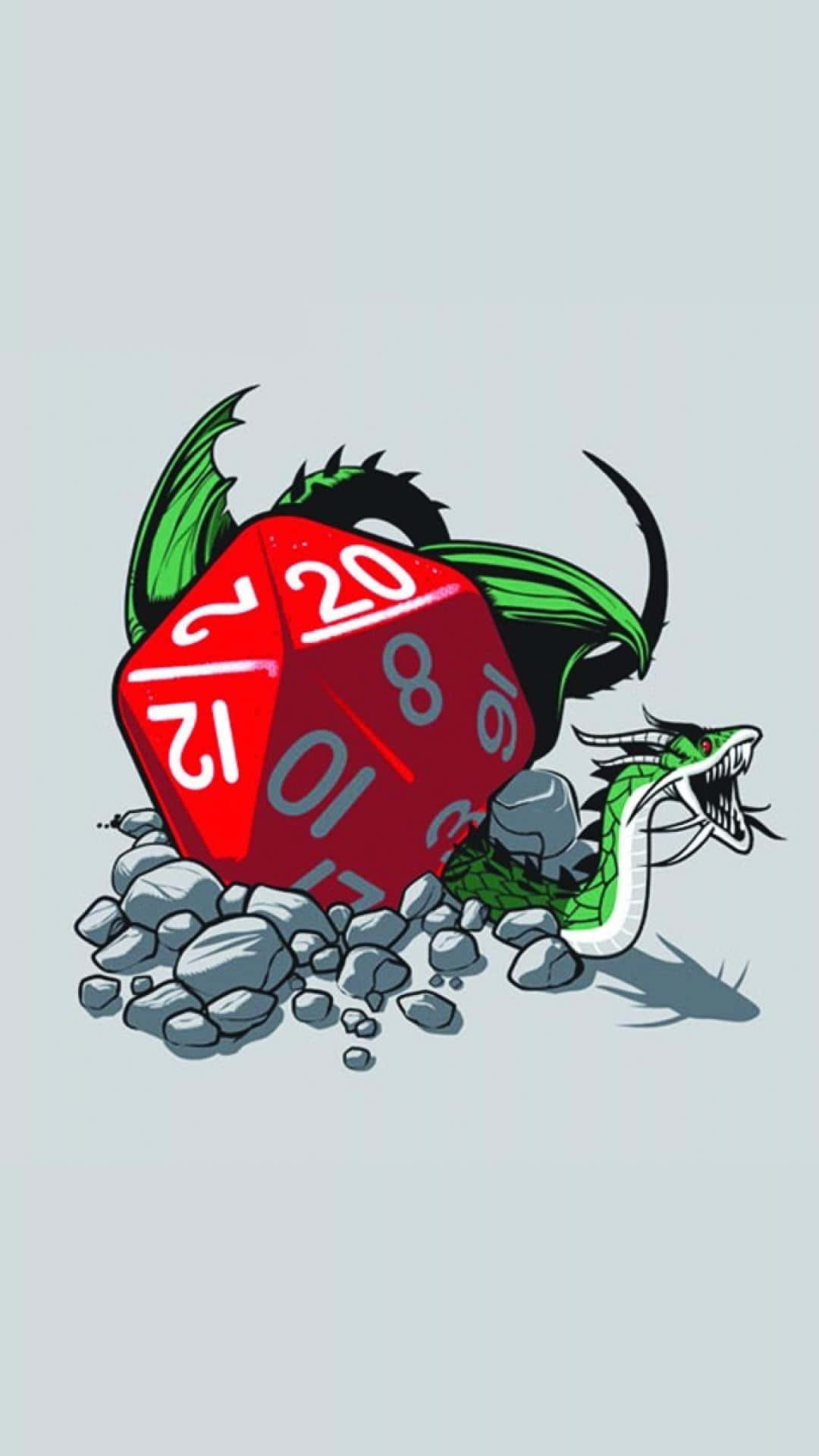 迷人D20骰子壁紙 壁紙 — 一條綠色巨龍從瓦礫中出現，旁邊有一個顯示數字20的紅色二十面骰子。