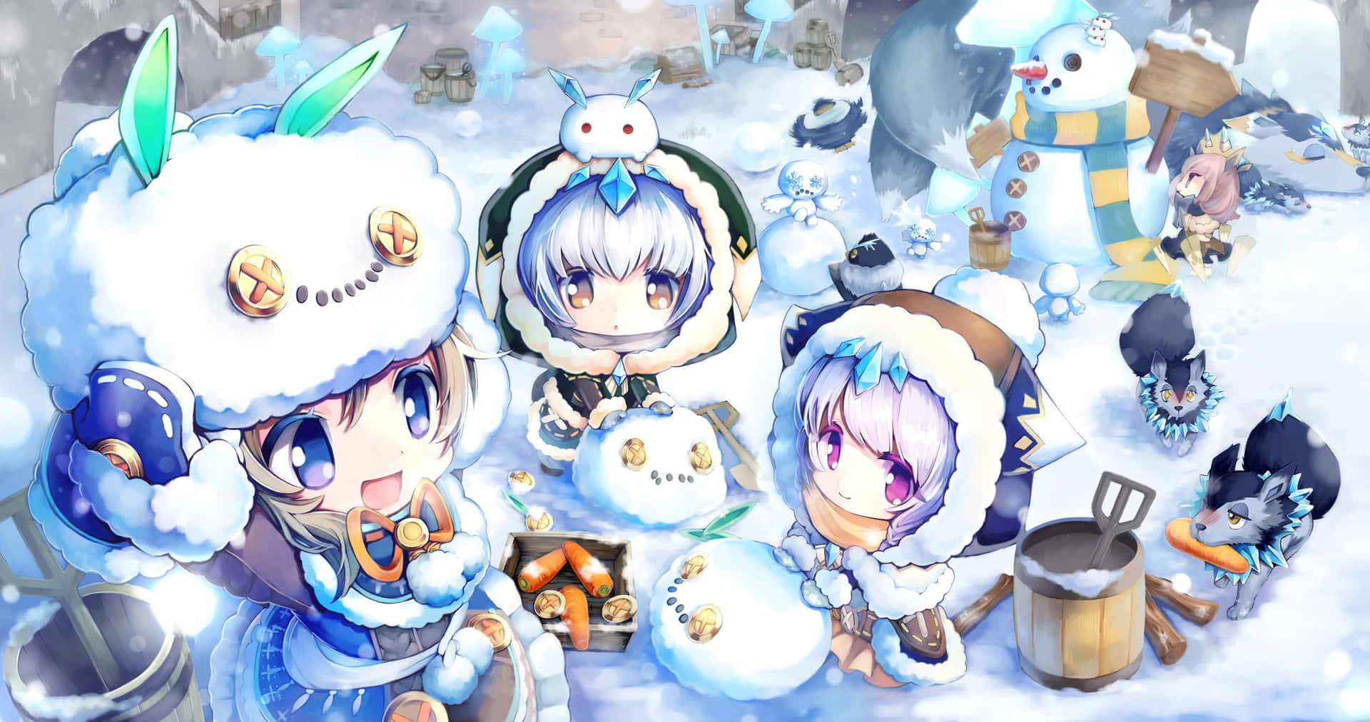 三個穿著冬季服裝的Q版動漫角色在雪地裡與雪人和胡蘿蔔玩耍。